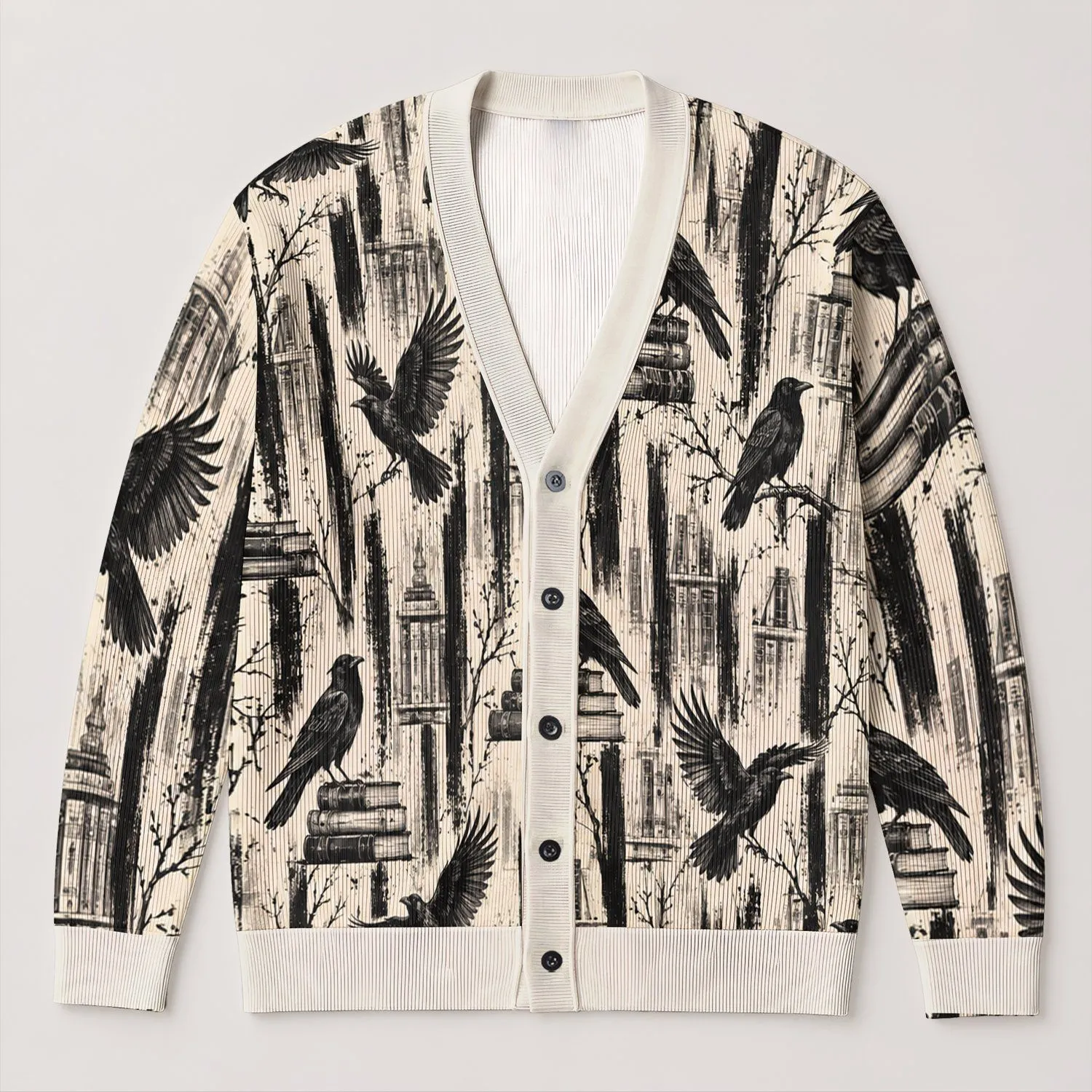 Black Crows Perched on Books for Moody Autumn Reading and Everyday Layering Style All-over Print Knitted Cardigan - 1