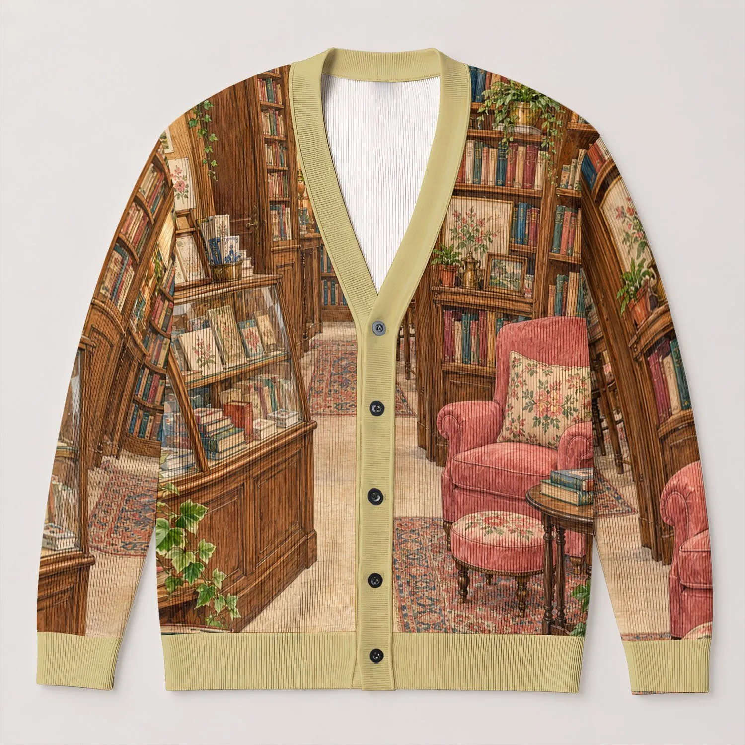 Vintage Bookshop Reading Nook for Cozy Fall Days and Book Lovers All-over Print Knitted Cardigan - 1