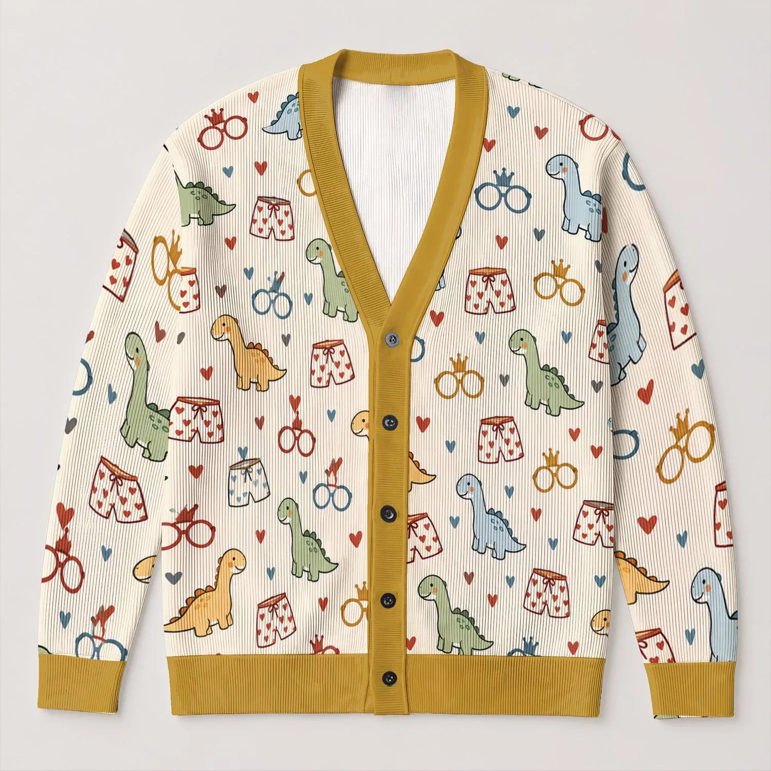 Cute Dinosaur Glasses And Heart Shorts For Playful Halloween Everyday Style All-over Print Knitted Cardigan - 1