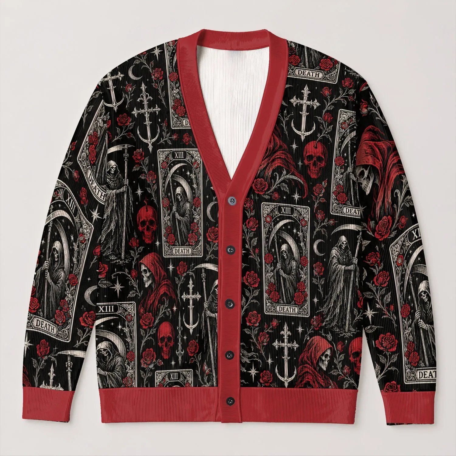 Gothic Death Tarot Cards and Red Roses for Dark Alternative Everyday Style Enthusiasts All-over Print Knitted Cardigan - 1