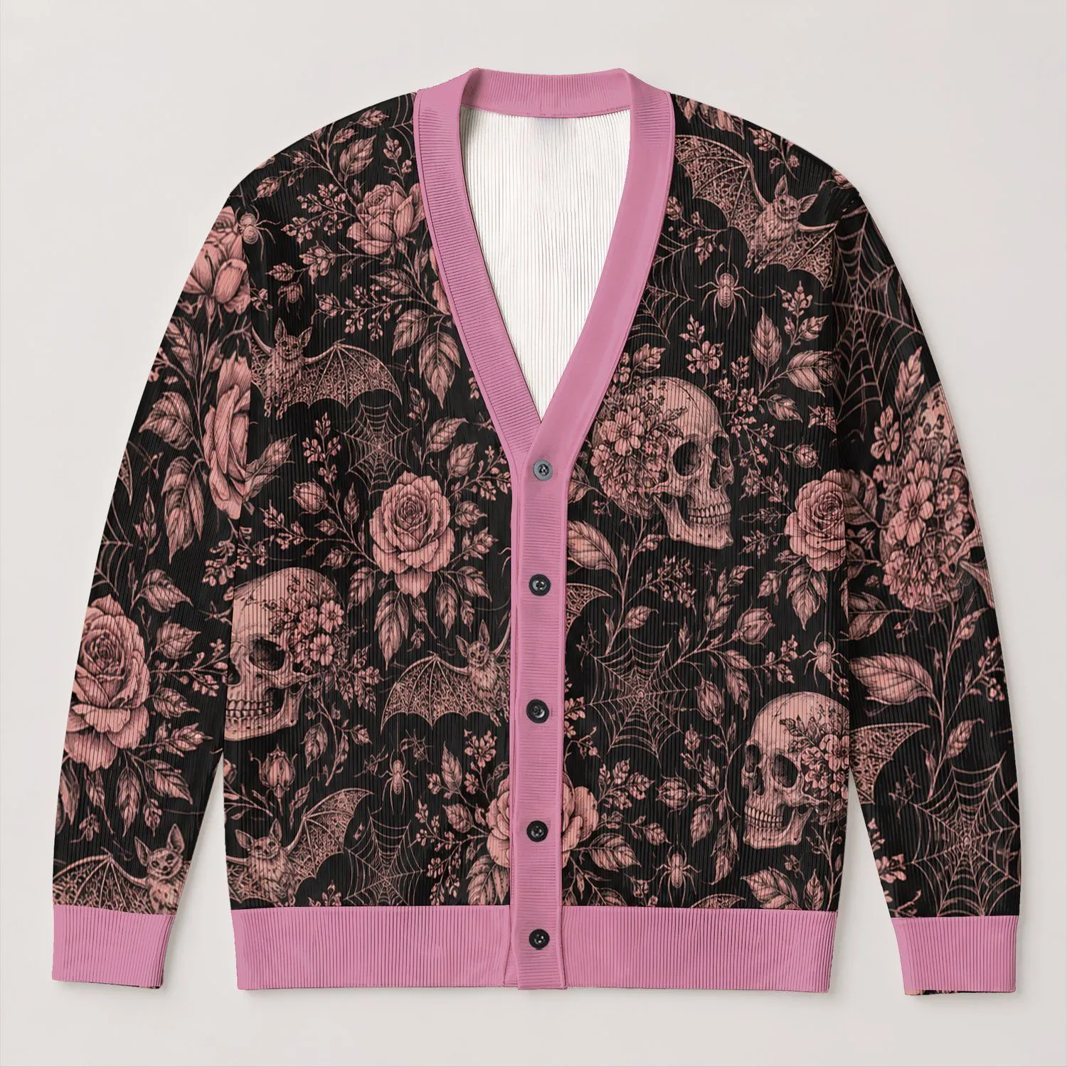 Pastel Goth Skull Rose Bat Web Style for Alternative Autumn Everyday Layering Teens All-over Print Knitted Cardigan - 1