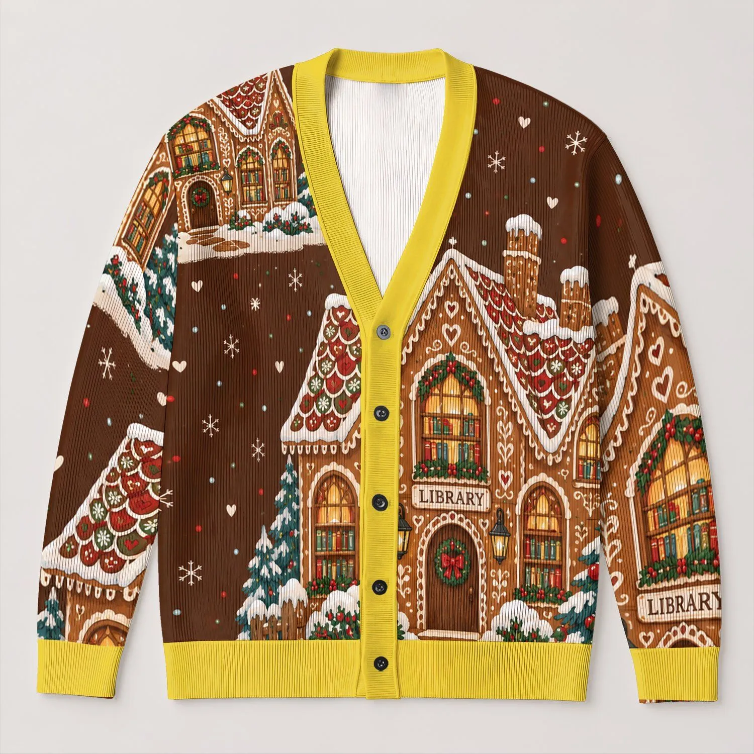 Gingerbread Library House Scene for Cozy Holiday Reading and Winter Storybook Lovers All-over Print Knitted Cardigan - 1