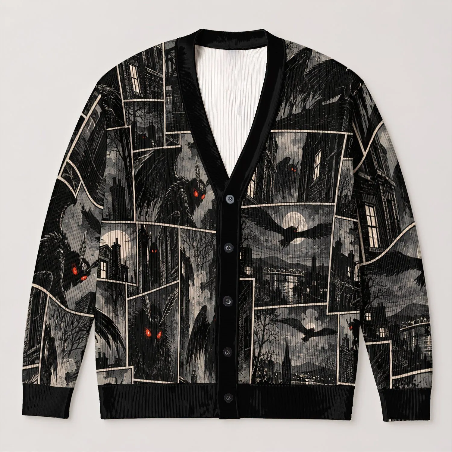 Mothman Comic Collage for Halloween Nights and Everyday Gothic Style for Teenagers All-over Print Knitted Cardigan - 1