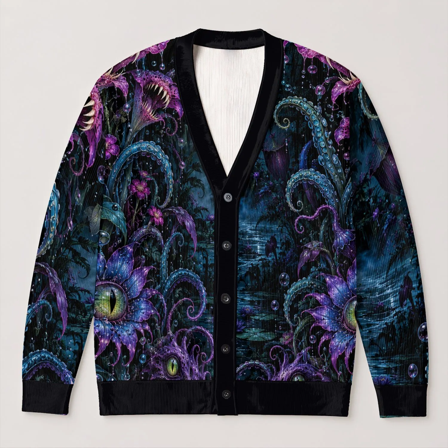 Carnivorous Eyeball Flowers for Halloween Parties and Creepy Teen Alternative Style All-over Print Knitted Cardigan - 1
