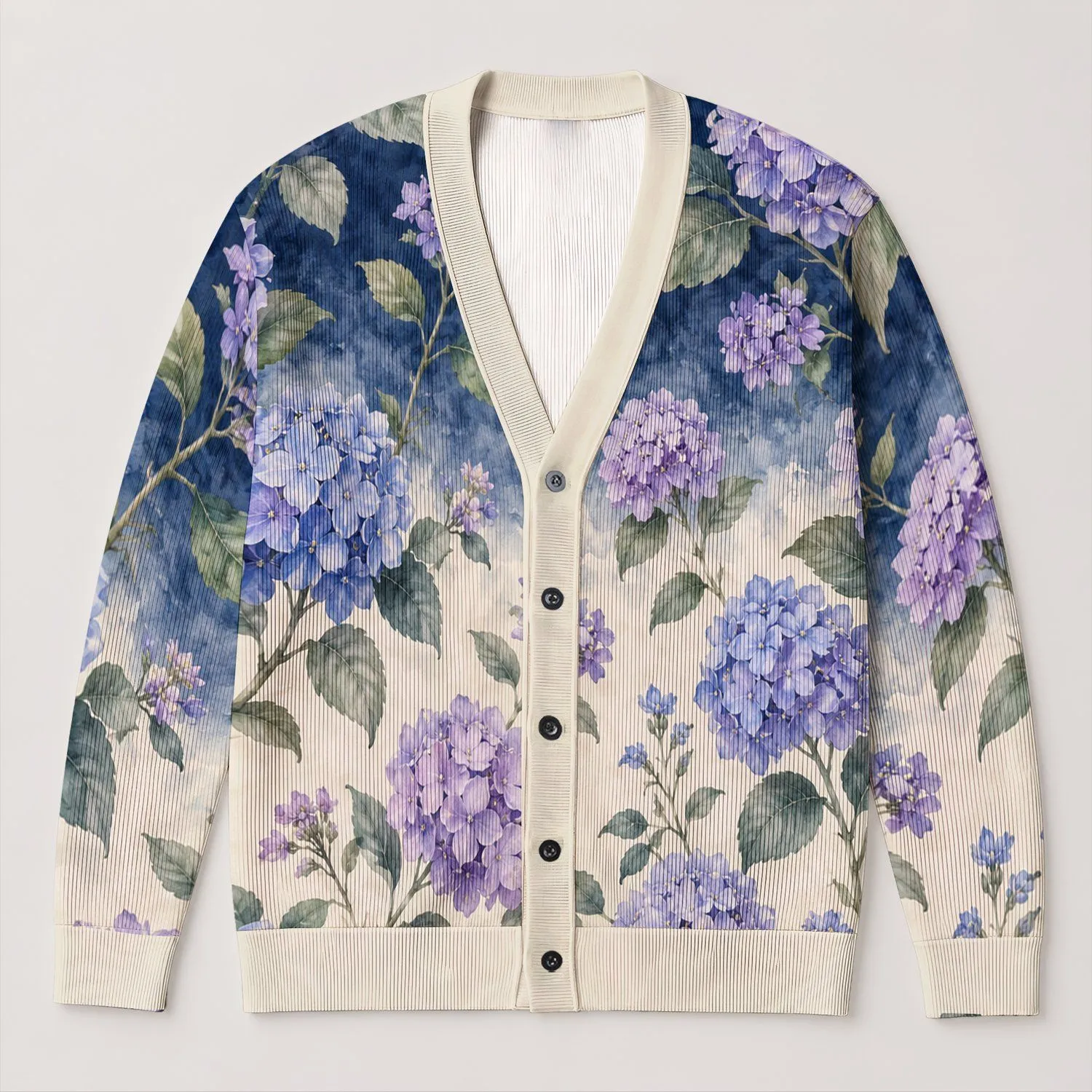 Lavender Hydrangeas For Cozy Autumn Layering And Everyday Garden-Inspired Women's Style All-over Print Knitted Cardigan - 1
