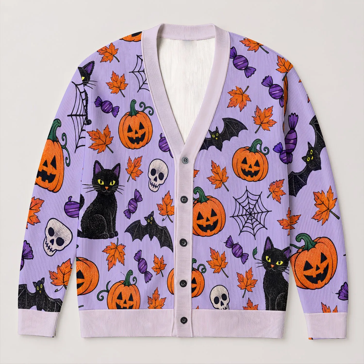 Halloween Cat, Pumpkin and Bat Motifs for Cozy Autumn Celebrations All-over Print Knitted Cardigan - 1