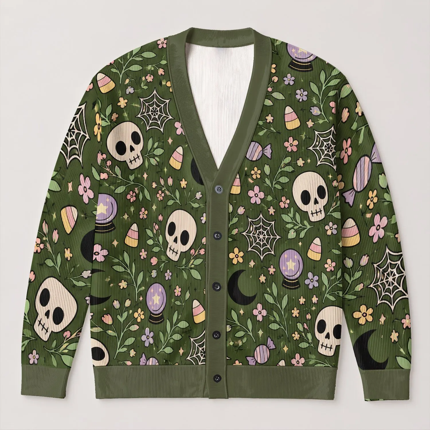Halloween Skulls, Moons And Pastel Candy For Cozy Autumn Nights And Spooky Season All-over Print Knitted Cardigan - 1