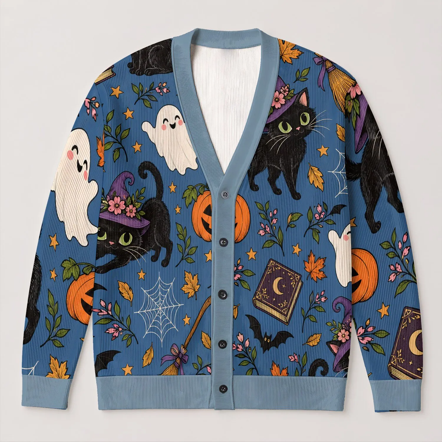 Halloween Witch Cats, Friendly Ghosts and Pumpkins for Cozy Autumn Everyday Layering All-over Print Knitted Cardigan - 1