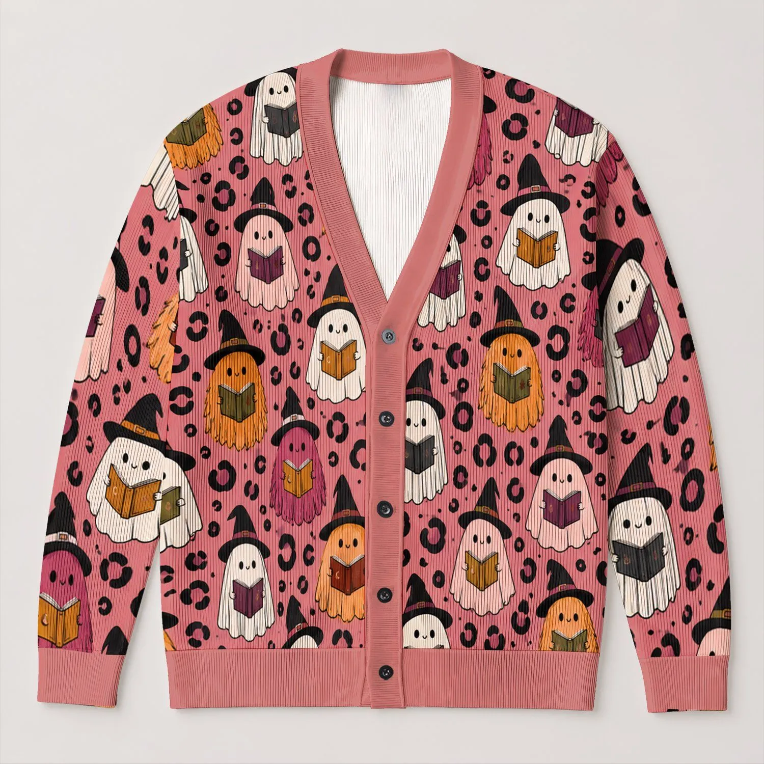 Reading Witch-Hat Ghosts for Cozy Halloween Book Nights and Whimsical Autumn Style All-over Print Knitted Cardigan - 1