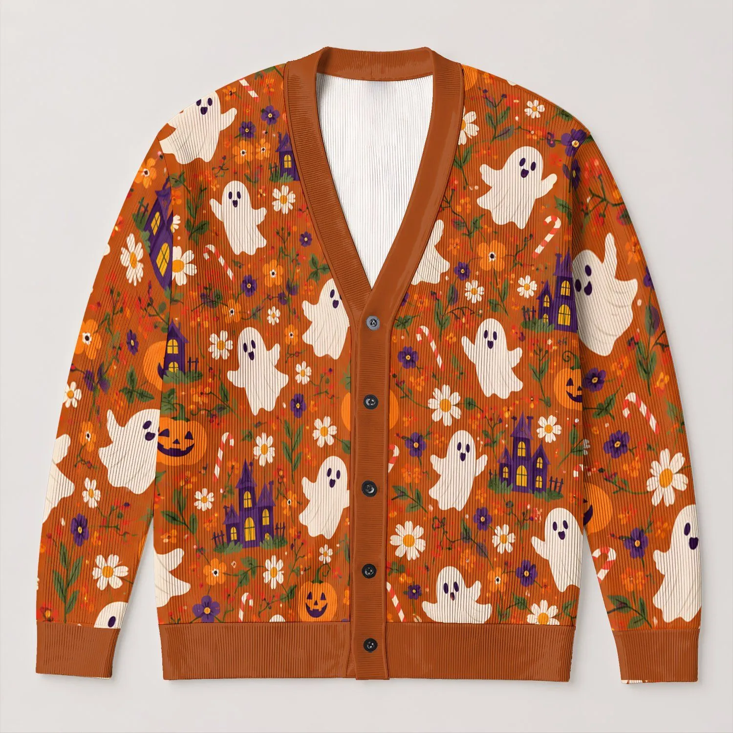 Halloween Ghosts, Pumpkins And Haunted House For Cozy Autumn Everyday Layering Women All-over Print Knitted Cardigan - 1