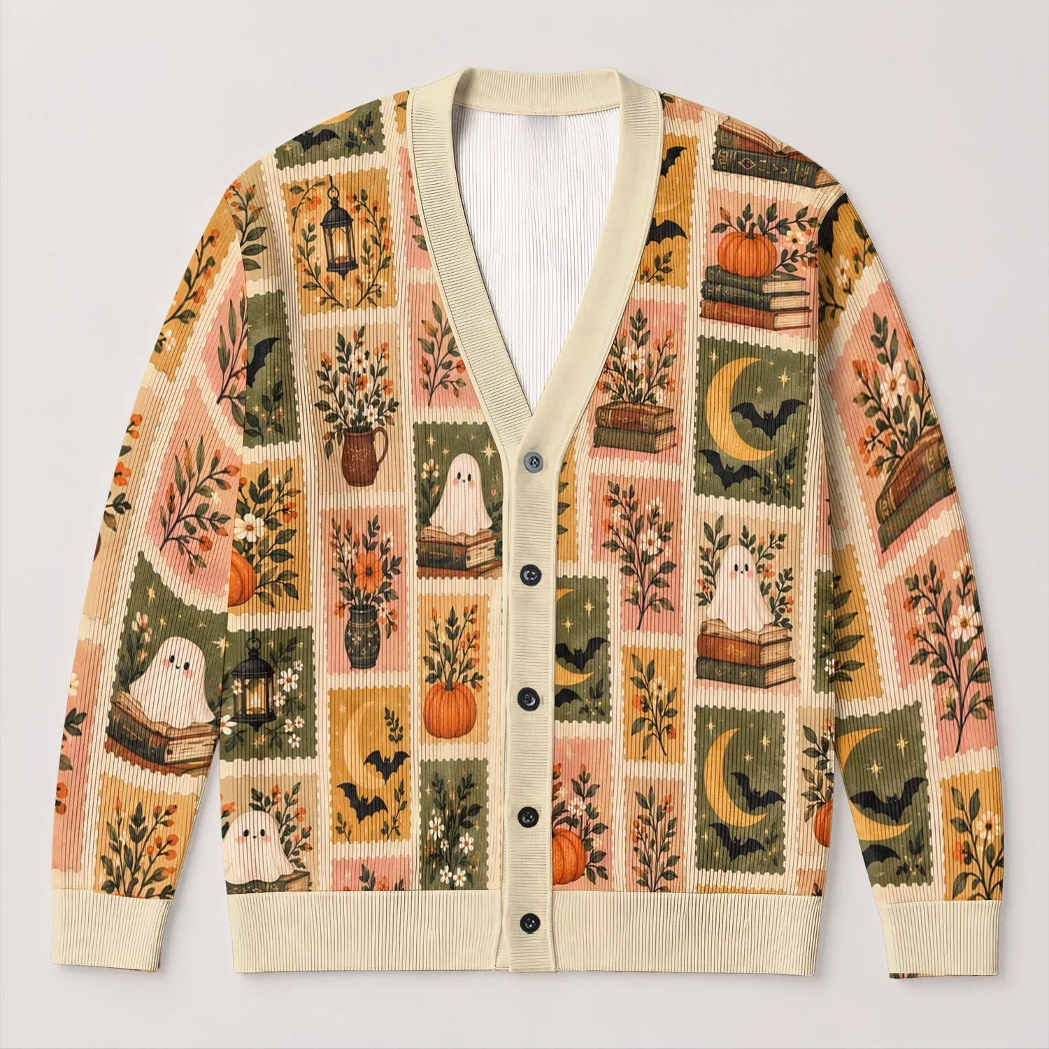 Halloween Pumpkin Books Bats and Ghosts for Cozy Autumn Spooky Season Teens and Readers All-over Print Knitted Cardigan - 1