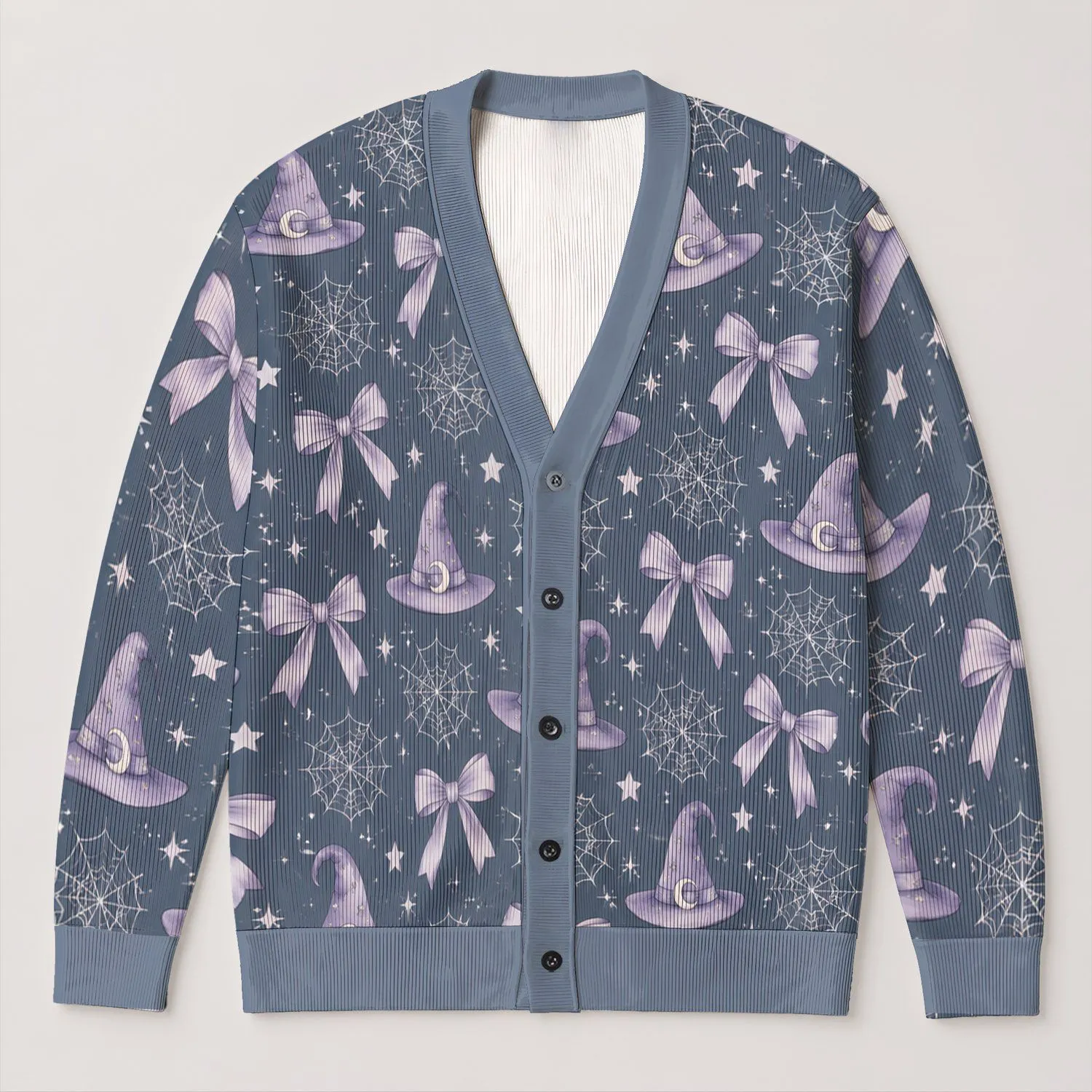 Lavender Witch Hats And Bows For Whimsical Autumn Nights And Cozy Everyday Style All-over Print Knitted Cardigan - 1