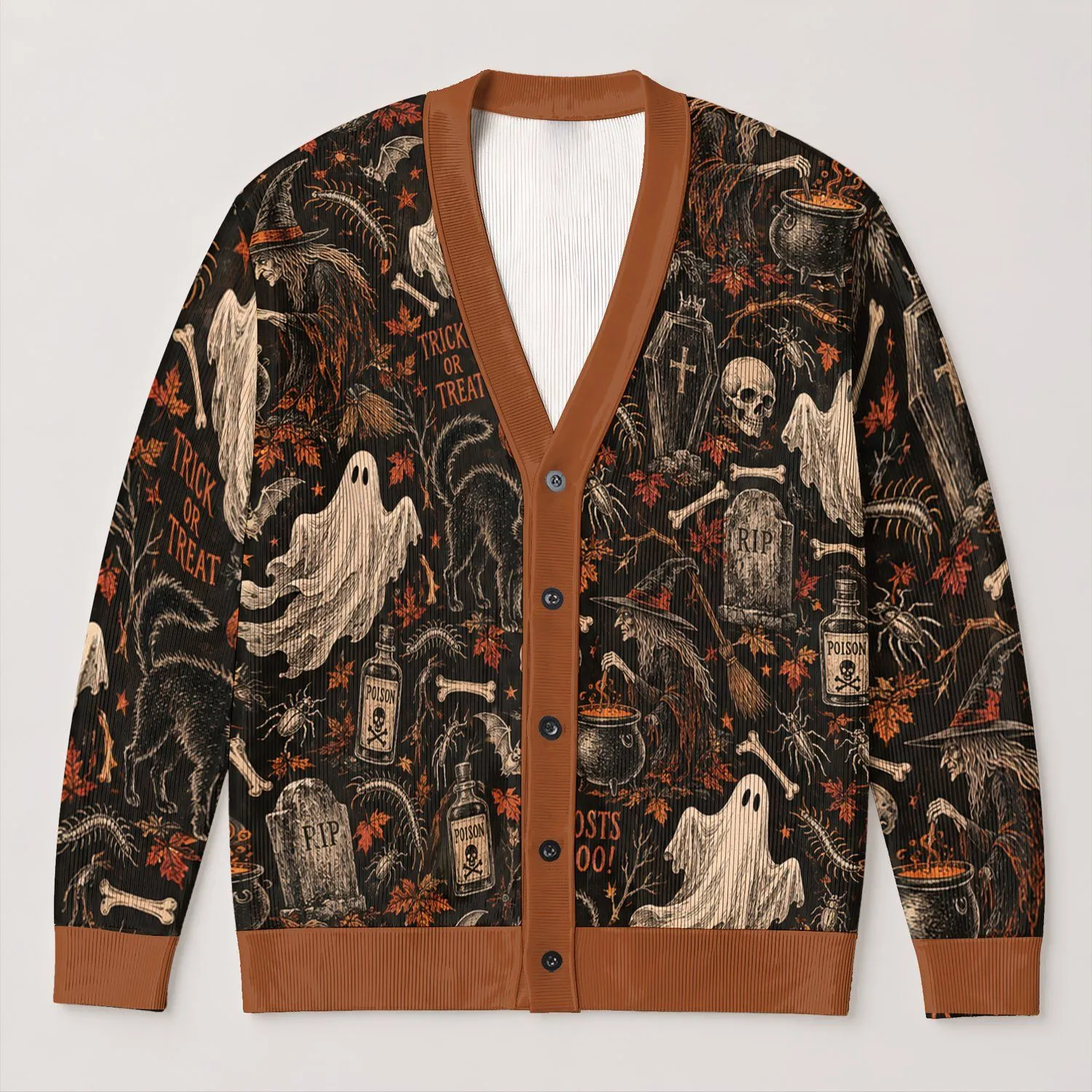 Vintage Halloween Ghosts, Cats and Pumpkins for Spooky October Nights for Teens All-over Print Knitted Cardigan - 1