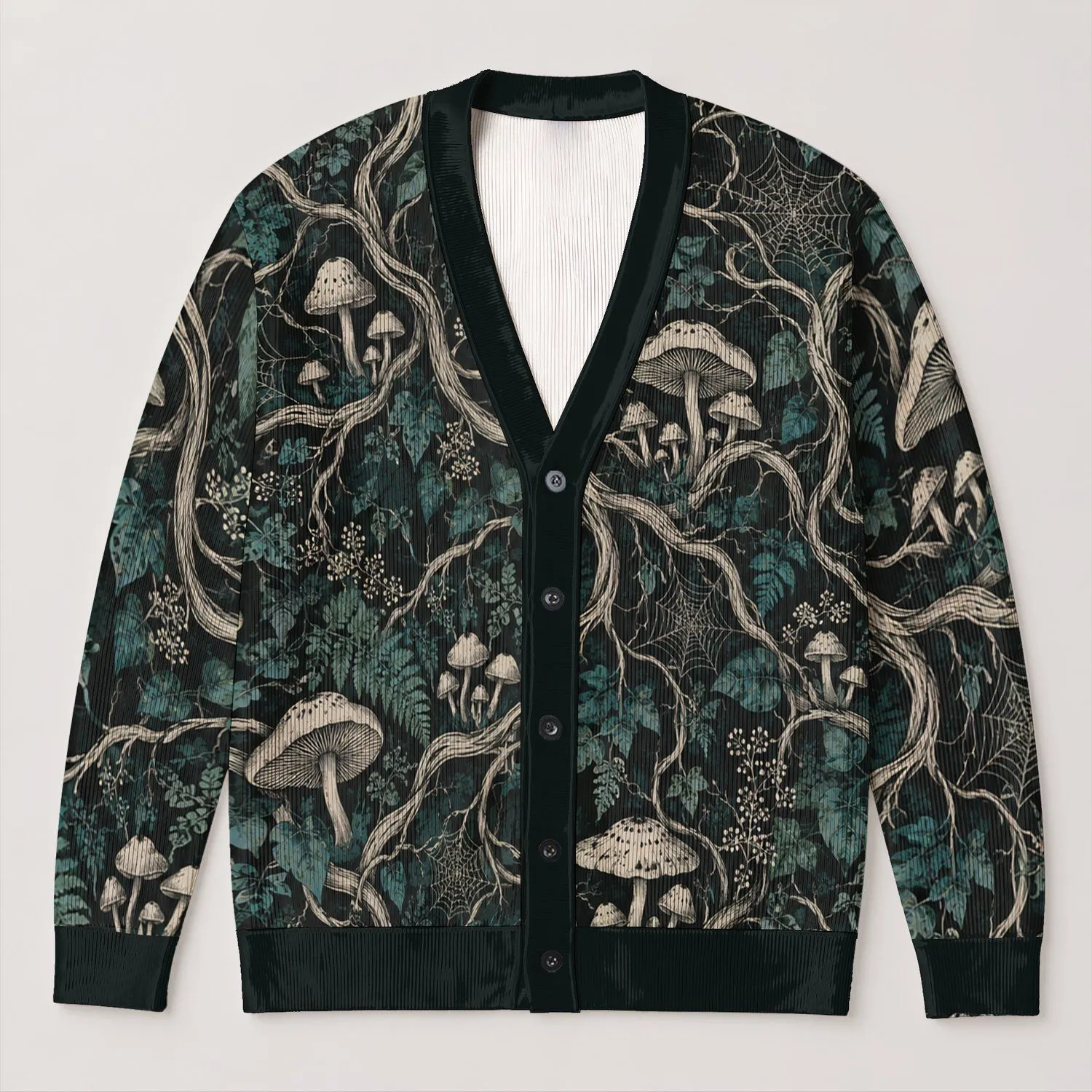 Gothic Mushroom and Twisted Vine Forest for Autumn Layering and Everyday Wear Style All-over Print Knitted Cardigan - 1