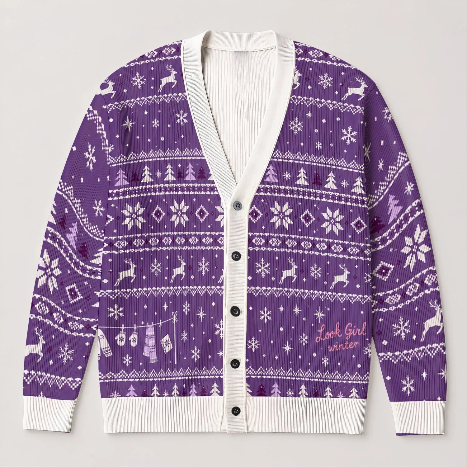 Purple Reindeer and Snowflake Nordic Winter Holiday Style for Teen Girls Daily Wear All-over Print Knitted Cardigan - 1