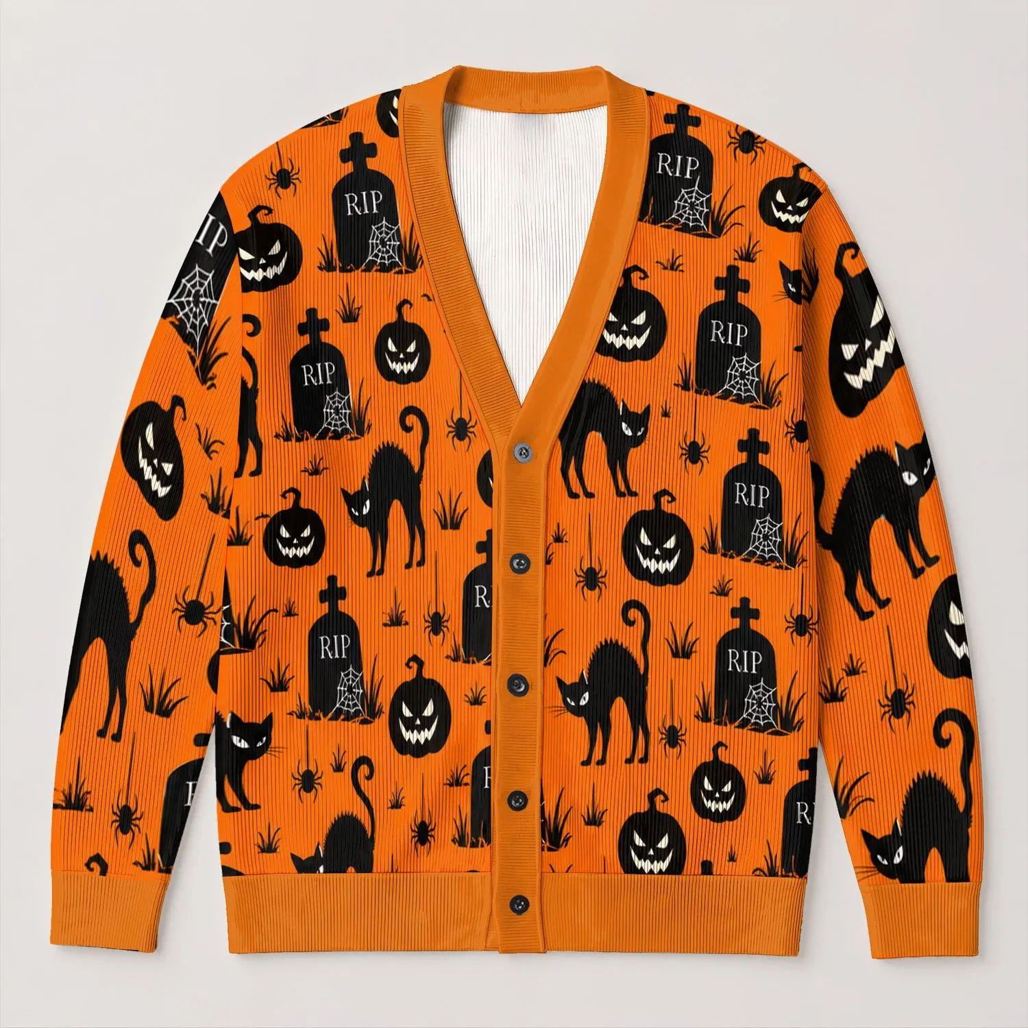 Spooky Halloween Cats, Pumpkins and Tombstones for October Night Celebrations for Teens All-over Print Knitted Cardigan - 1