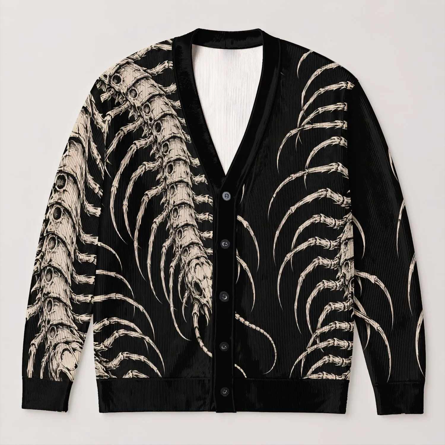 Gothic Centipede Skeletons for Alternative Everyday Layering All-over Print Knitted Cardigan - 1
