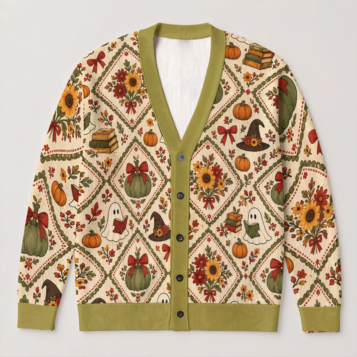 Reading Ghosts, Pumpkins and Sunflowers for Cozy Halloween Book Lovers of All Ages All-over Print Knitted Cardigan - 1