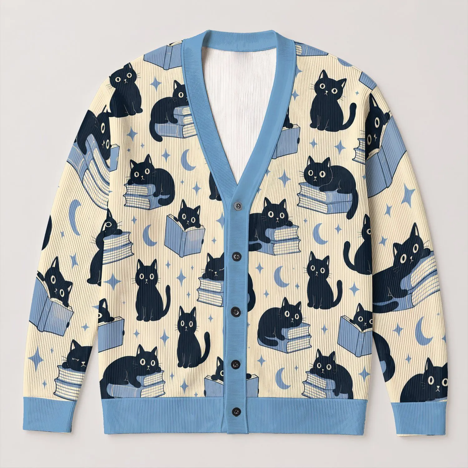 Cute Black Cats Reading Books for Cozy Study Days and Book Lover Gifts for Teens All-over Print Knitted Cardigan - 1