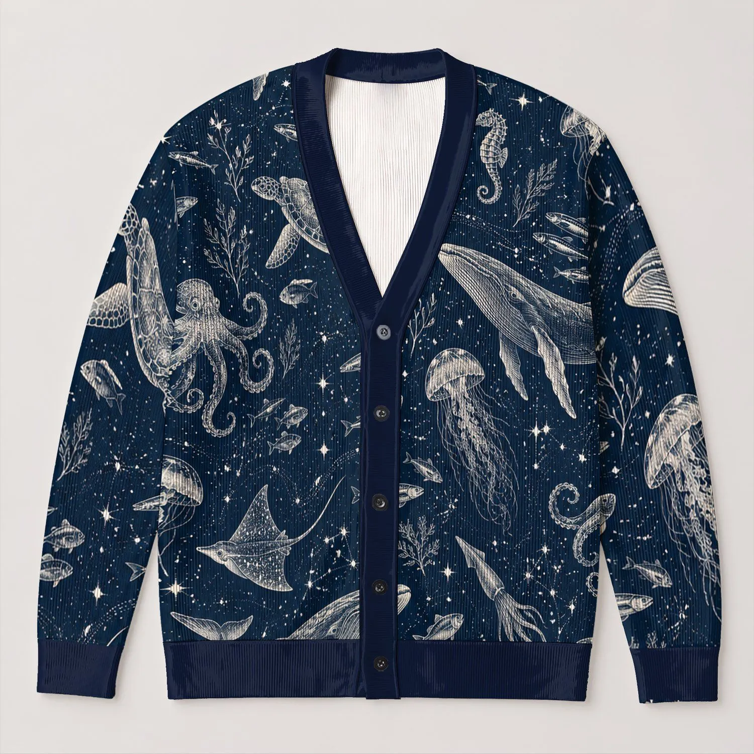 Mystical Ocean Whales, Turtles and Jellyfish for Halloween Stargazing Teens All-over Print Knitted Cardigan - 1