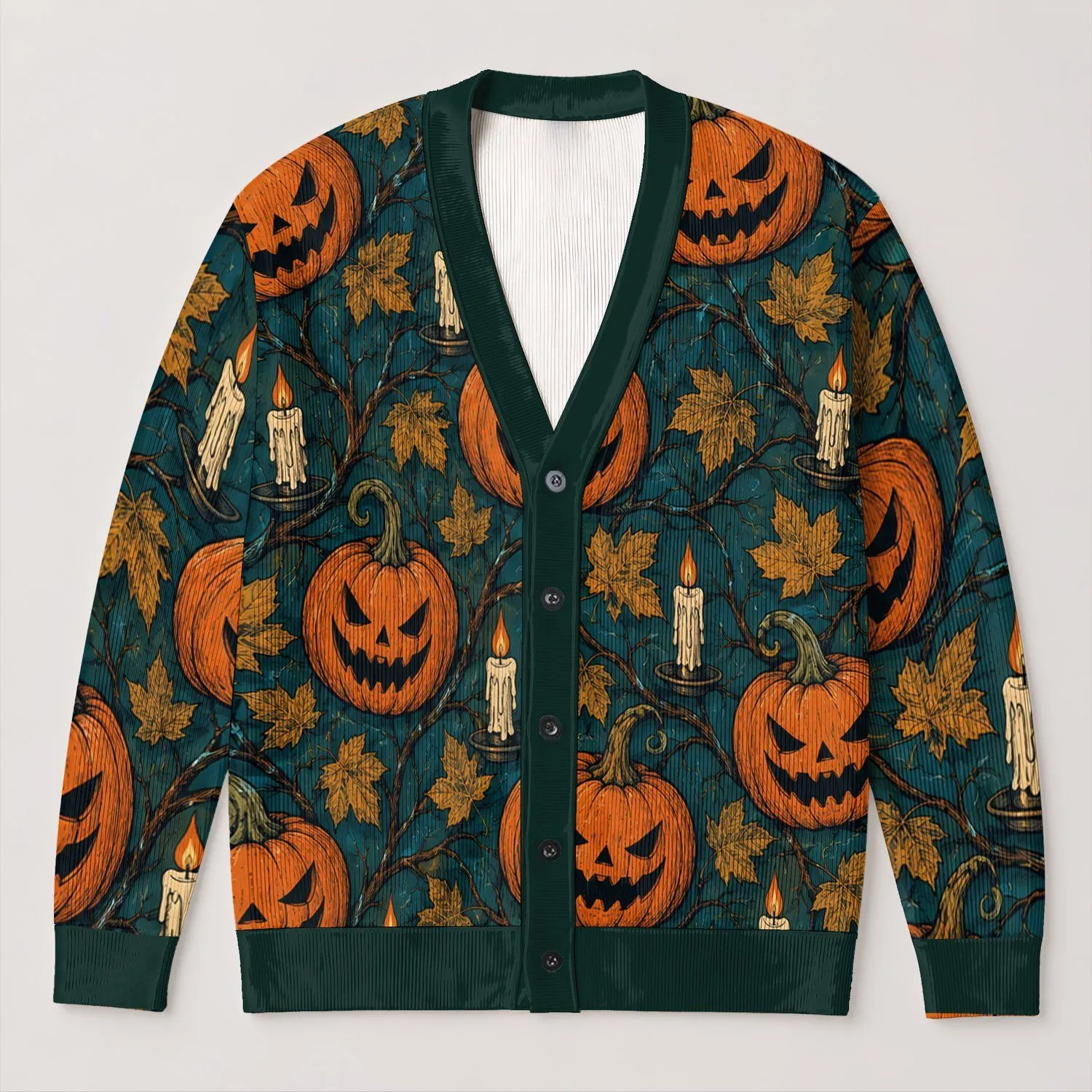 Retro Jack O Lantern Pumpkins For Halloween Autumn Everyday Layering All-over Print Knitted Cardigan - 1