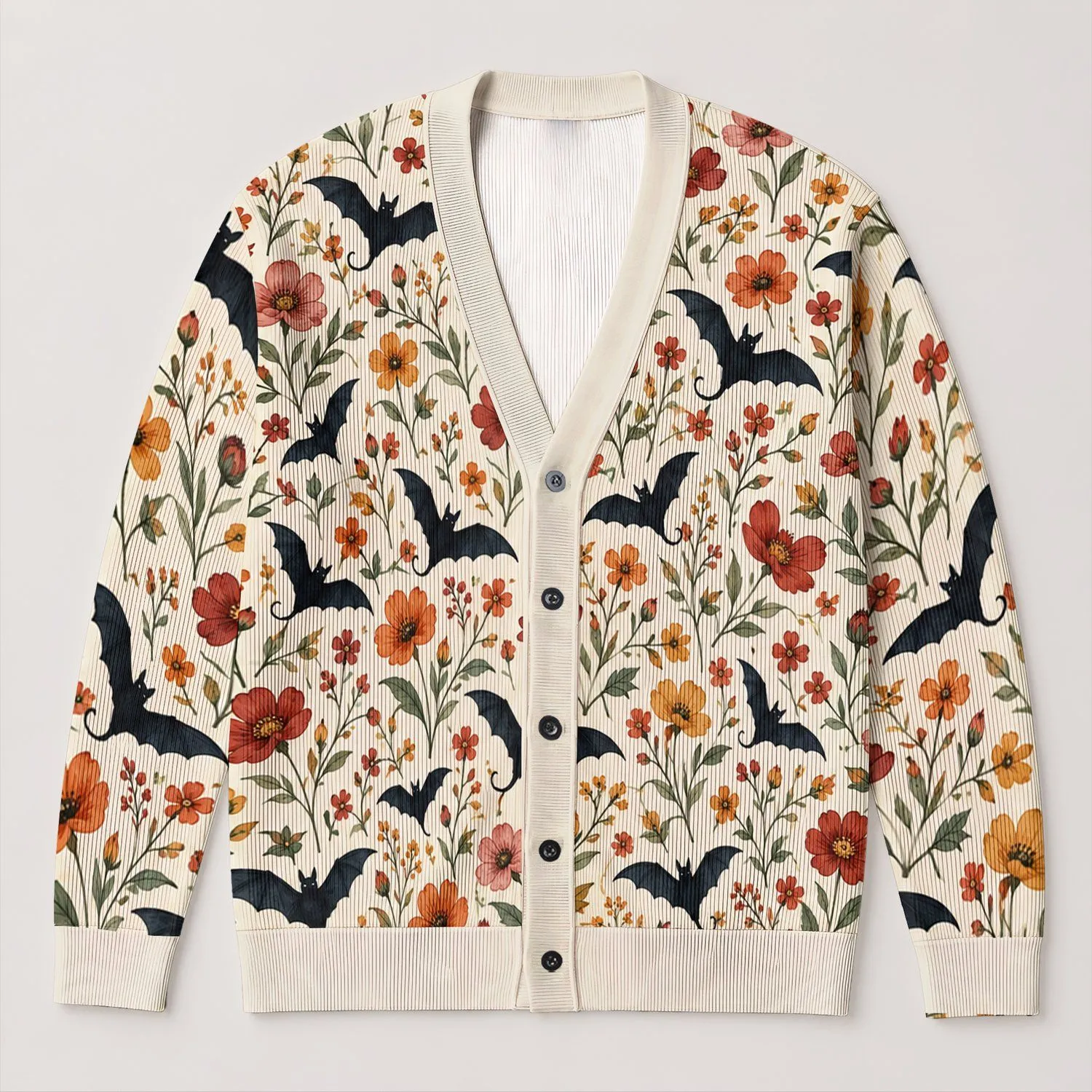Wildflower Bats and Autumn Blooms for Cozy Cottagecore Fall Layering All-over Print Knitted Cardigan - 1