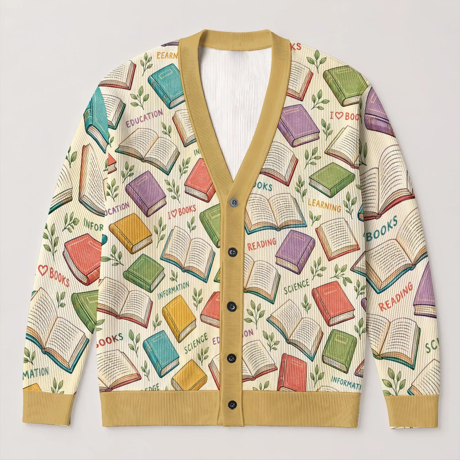 Colorful Book Lover Reading Theme for Back to School Learning and Study Sessions All-over Print Knitted Cardigan - 1