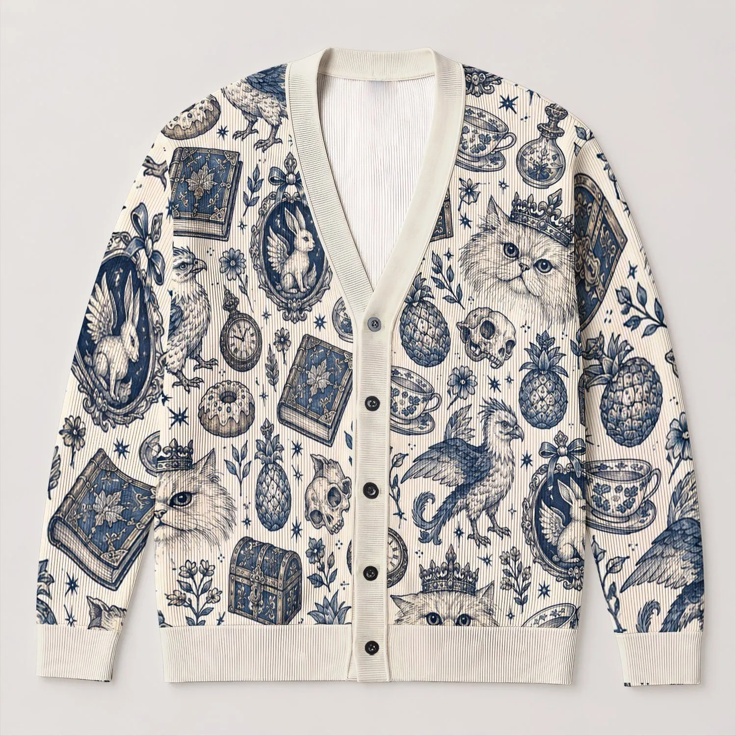 Crowned Cat And Fantasy Curiosities For Whimsical Everyday Layering All-over Print Knitted Cardigan - 1