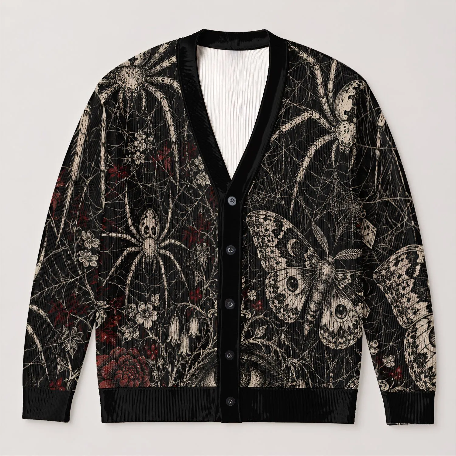 Gothic Spider Web Moth and Eye Motif for Halloween Layering All-over Print Knitted Cardigan - 1