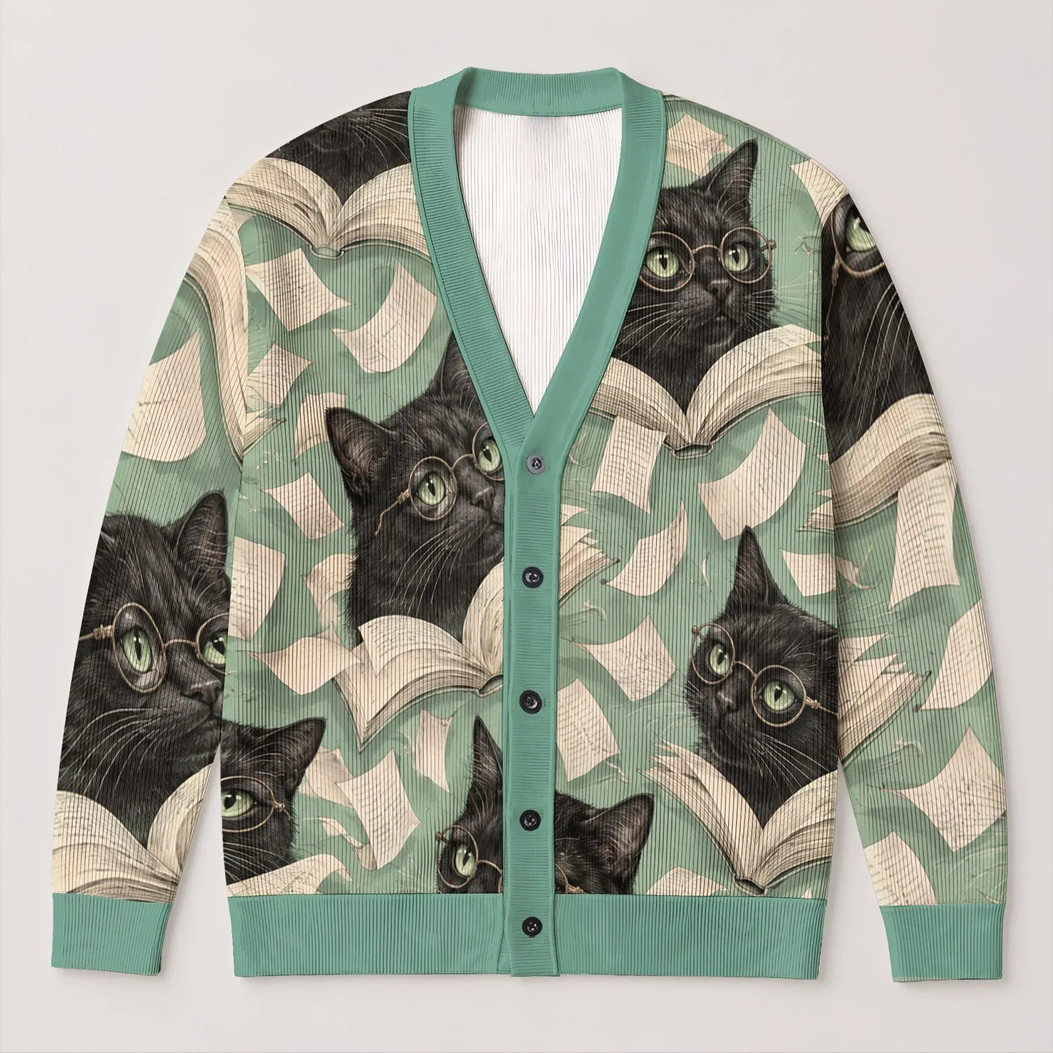 Black Cats Reading Open Books for Cozy Bookish Fall Days and Quiet Library Lovers All-over Print Knitted Cardigan - 1