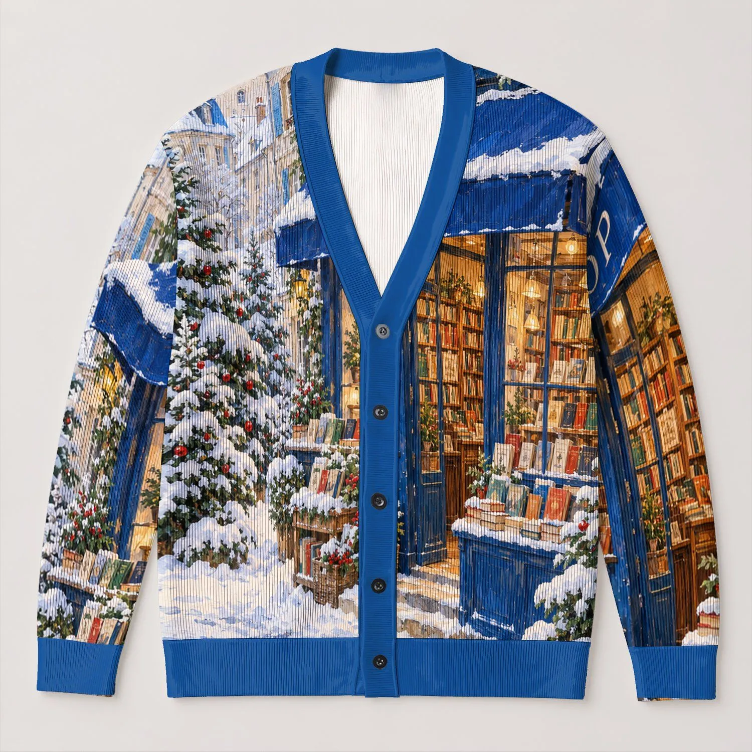 Snowy Bookshop Street Scene for Cozy Winter Outings and Everyday Layering Style All-over Print Knitted Cardigan - 1