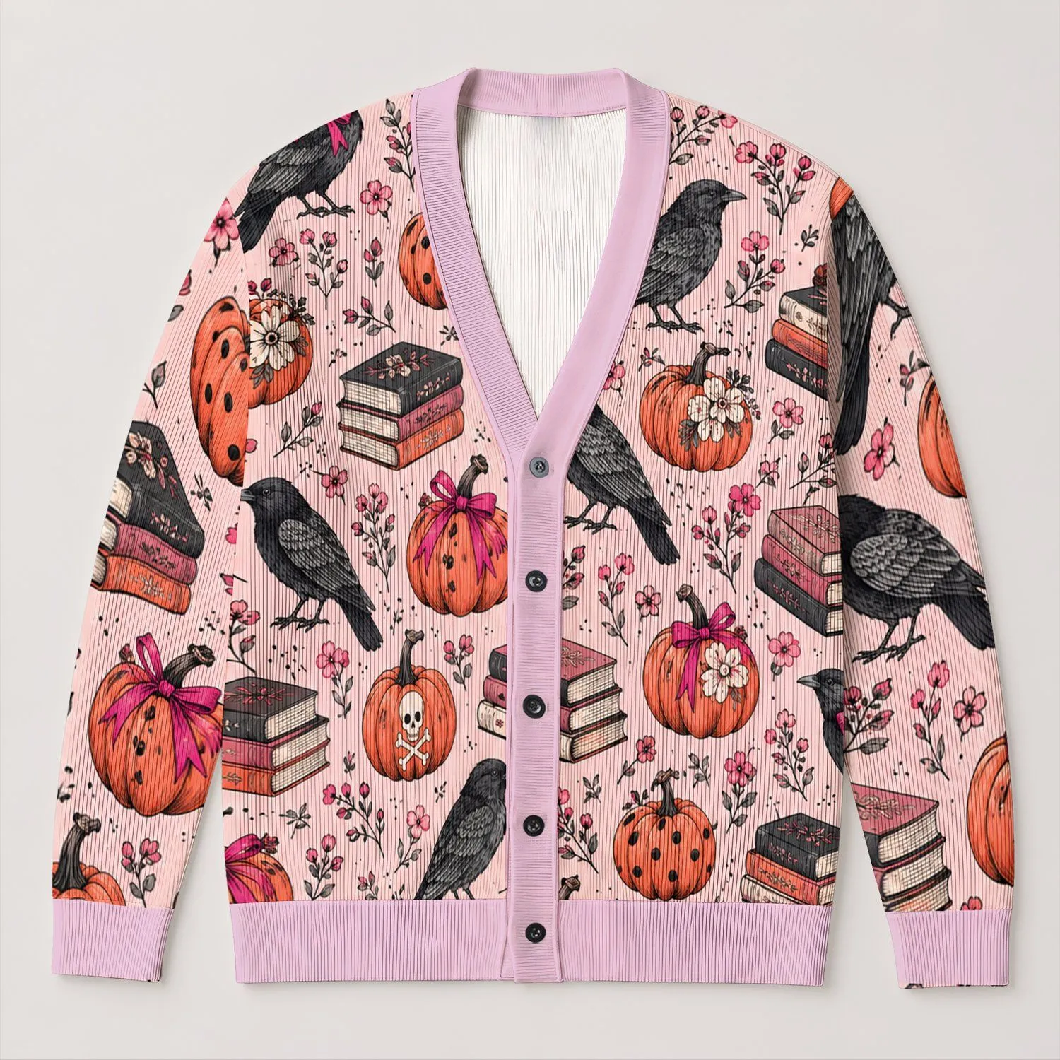 Pink Pumpkin Skull Crow Books Halloween Autumn Layering for Teens All-over Print Knitted Cardigan - 1