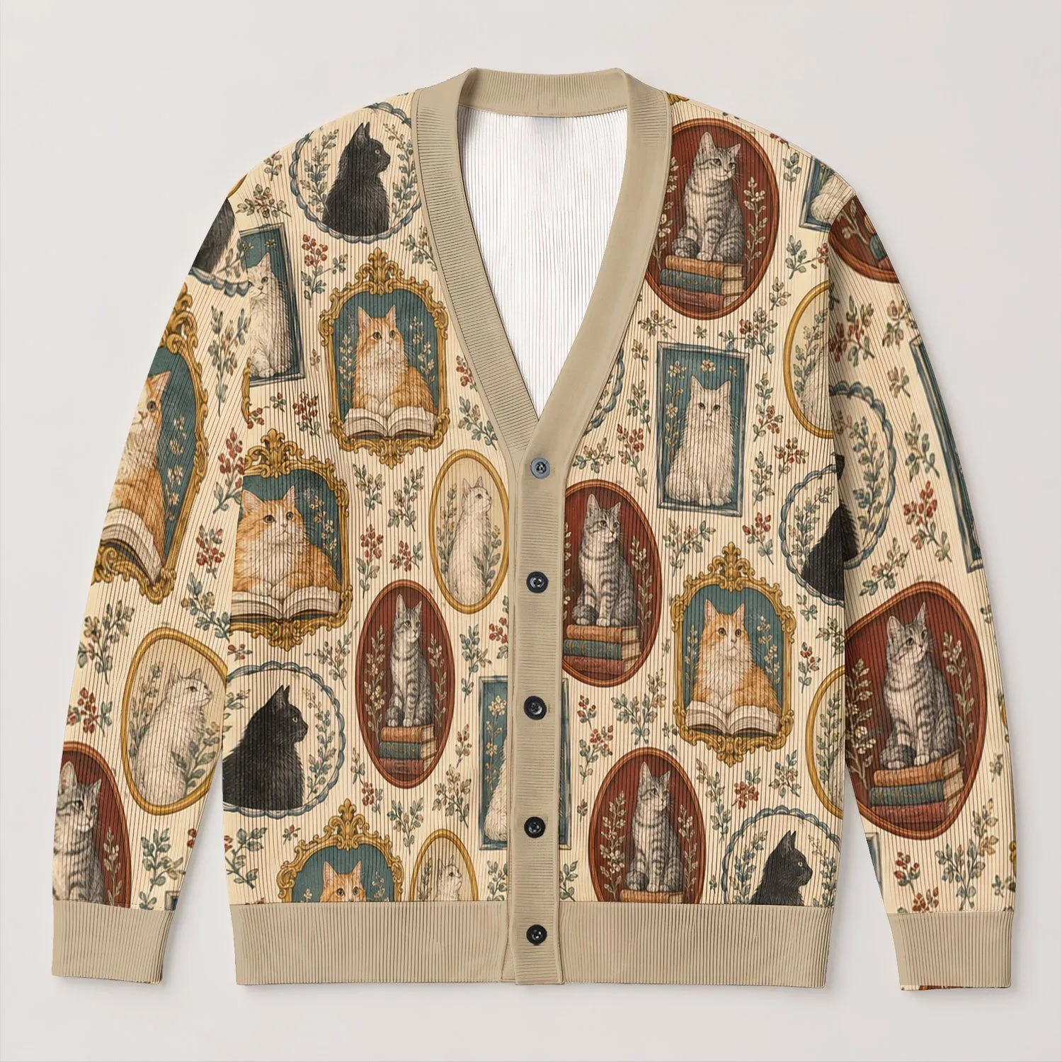 Vintage Framed Reading Cats for Back to School Library Days and Cozy Autumn Study Style All-over Print Knitted Cardigan - 1