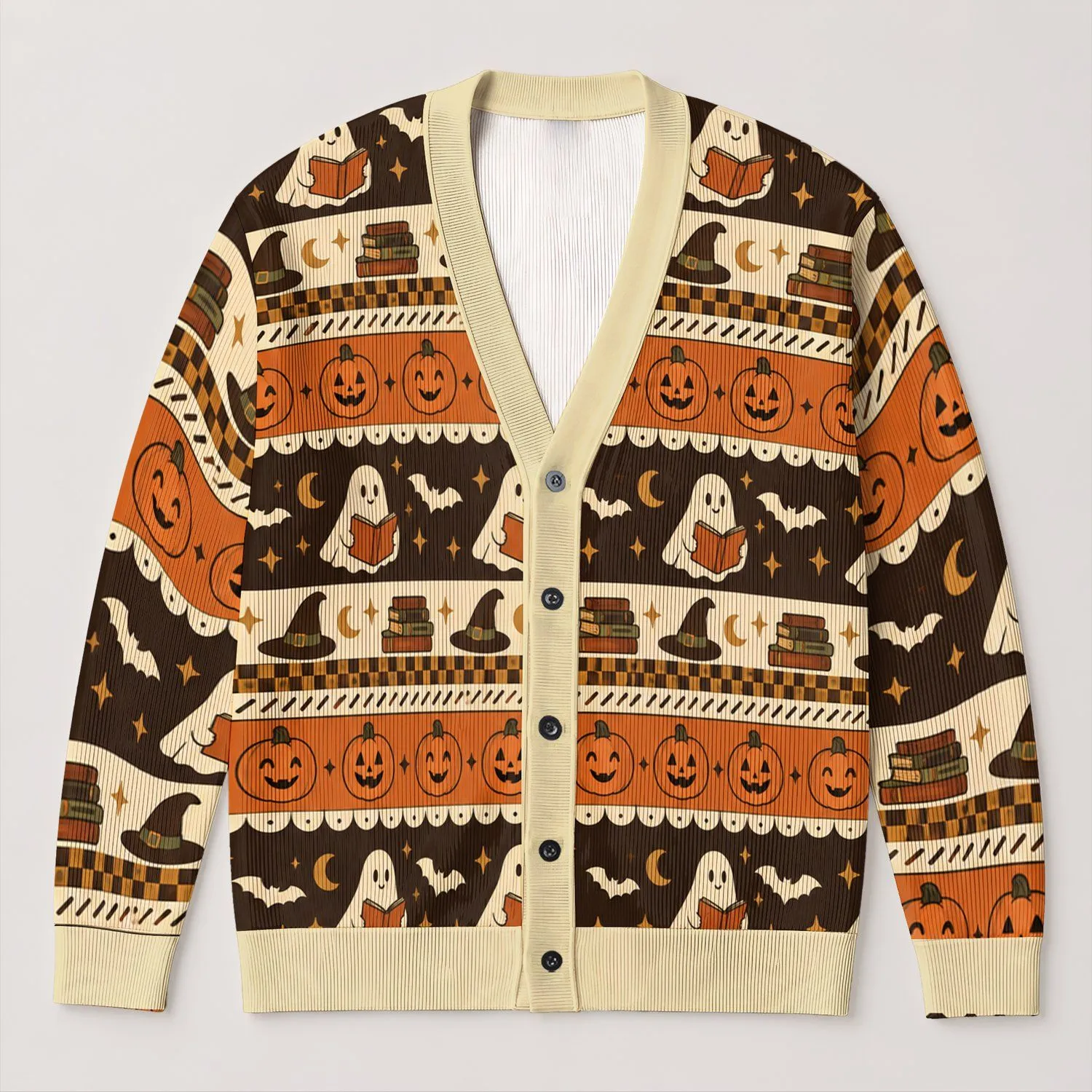 Halloween Pumpkins, Reading Ghosts and Witch Hats for Cozy Autumn Nights and Teen Style All-over Print Knitted Cardigan - 1