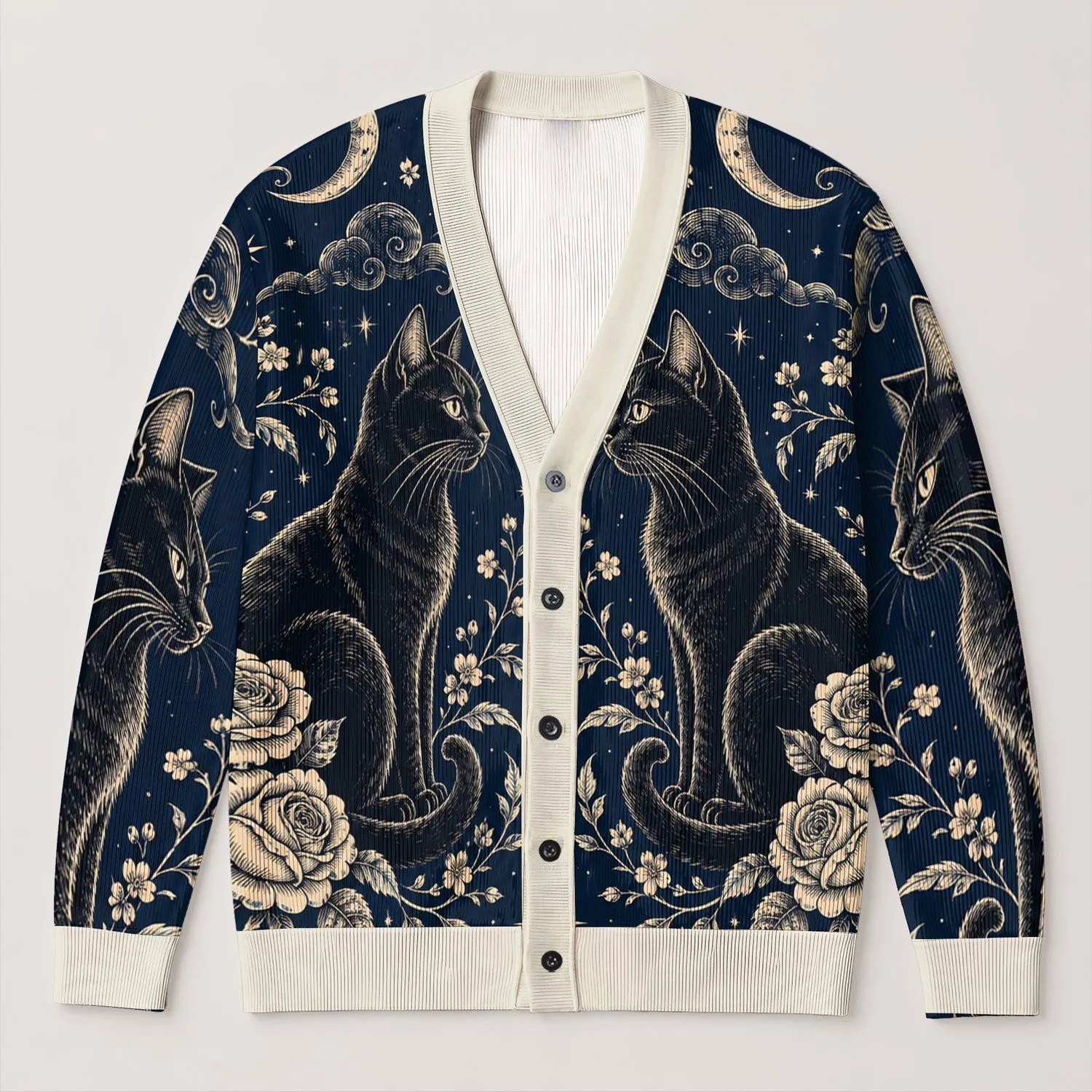 Moonlit Black Cats and Ivory Roses for Dark Academia Everyday Layering All-over Print Knitted Cardigan - 1