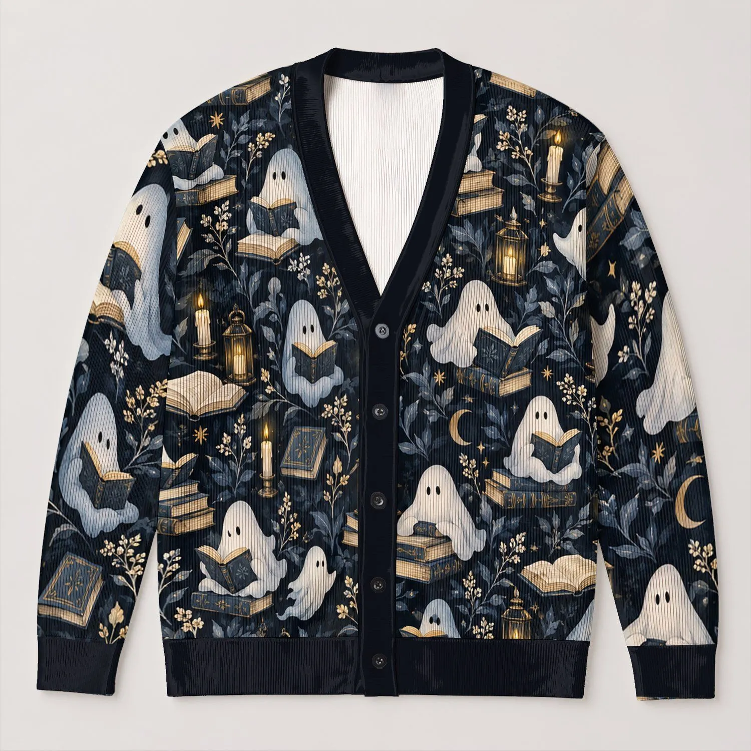 Reading Ghosts, Old Books And Candlelight For Cozy Halloween Nights And Book Lovers All-over Print Knitted Cardigan - 1
