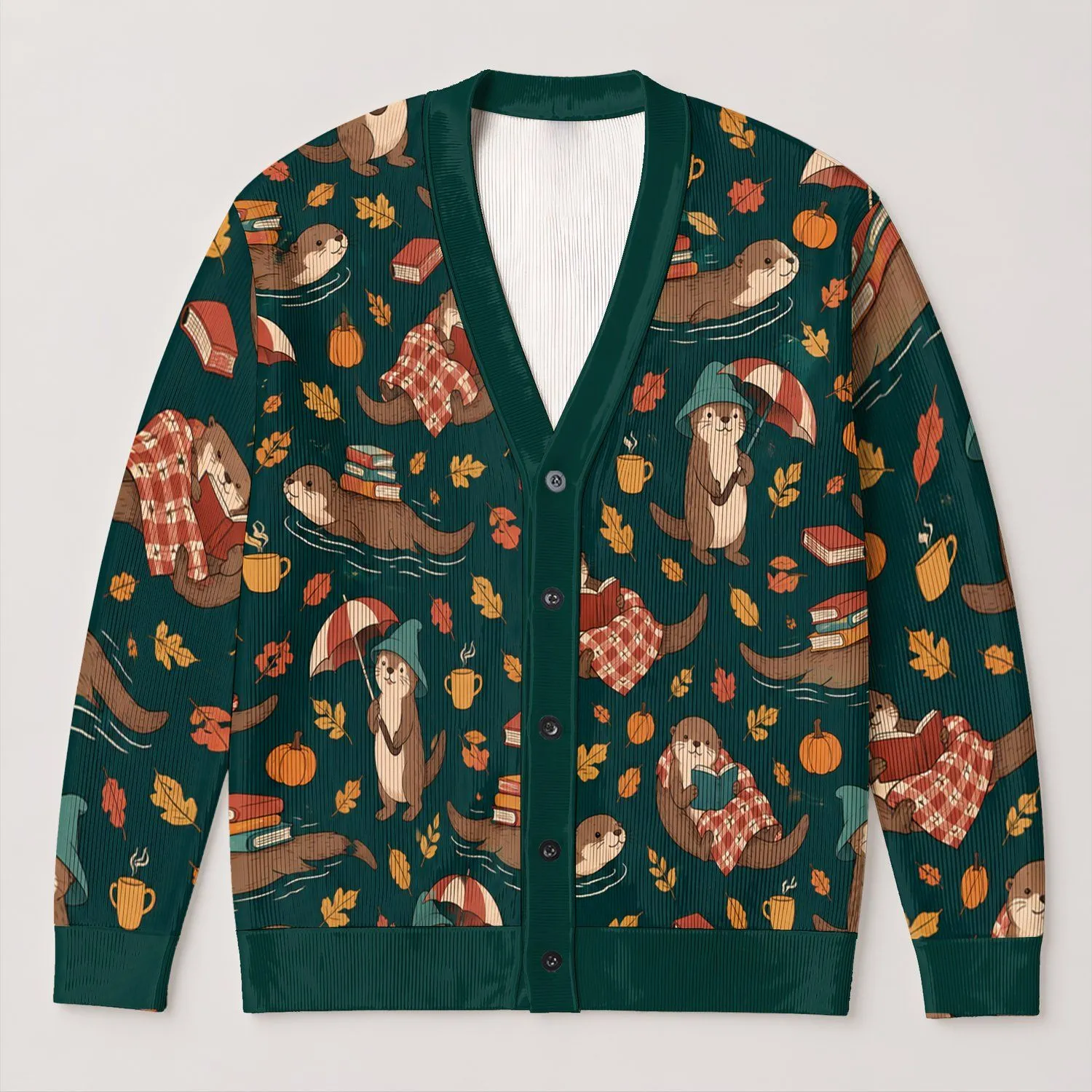 Cozy Reading Otters and Autumn Leaves for Rainy-Day Study and Casual Fall Outings All-over Print Knitted Cardigan - 1