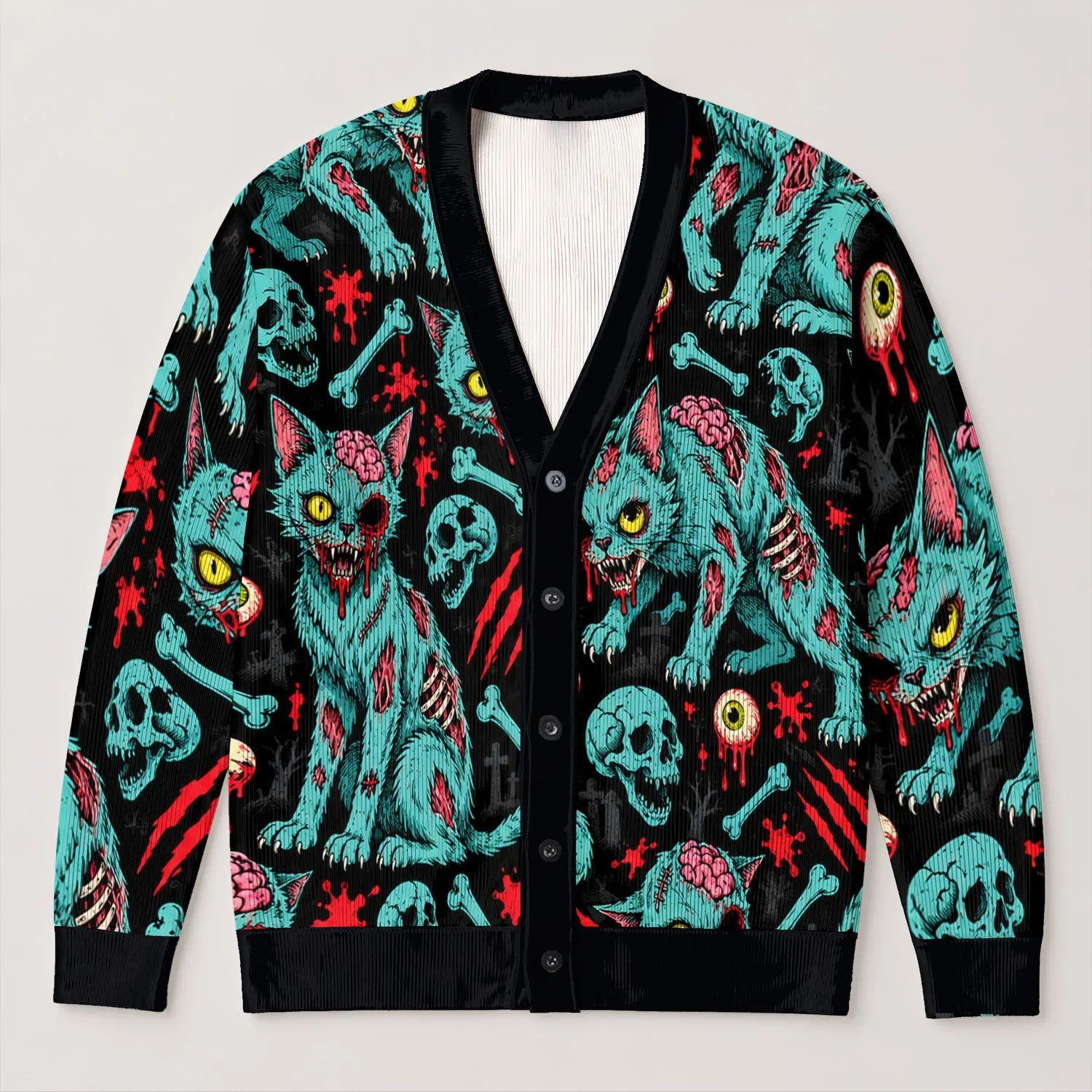 Zombie Cats, Skull Heads and Eyeballs for Spooky Halloween Nights and Teenagers All-over Print Knitted Cardigan - 1