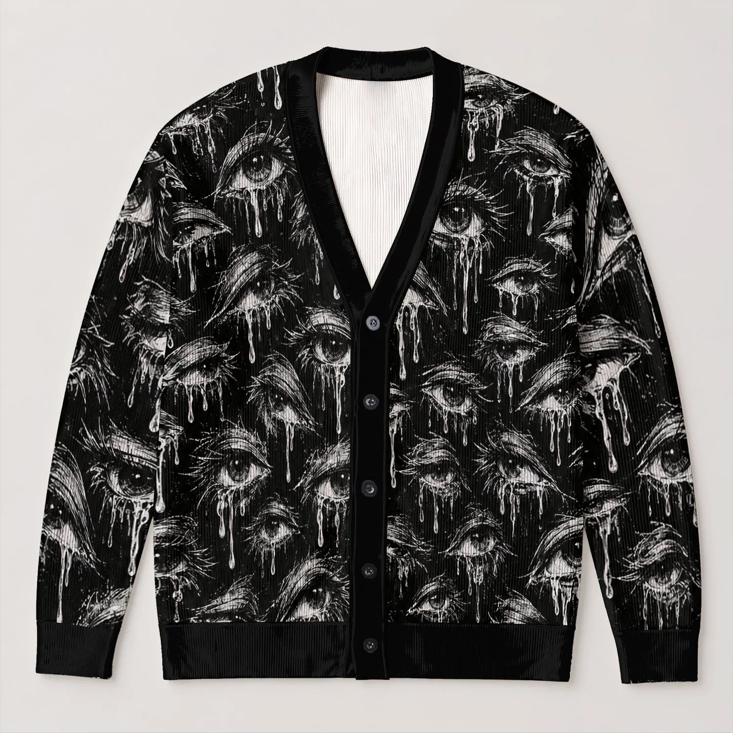 Gothic Crying Eyes For Alternative Streetwear, Dark Academia And Teen Night Out Style All-over Print Knitted Cardigan - 1