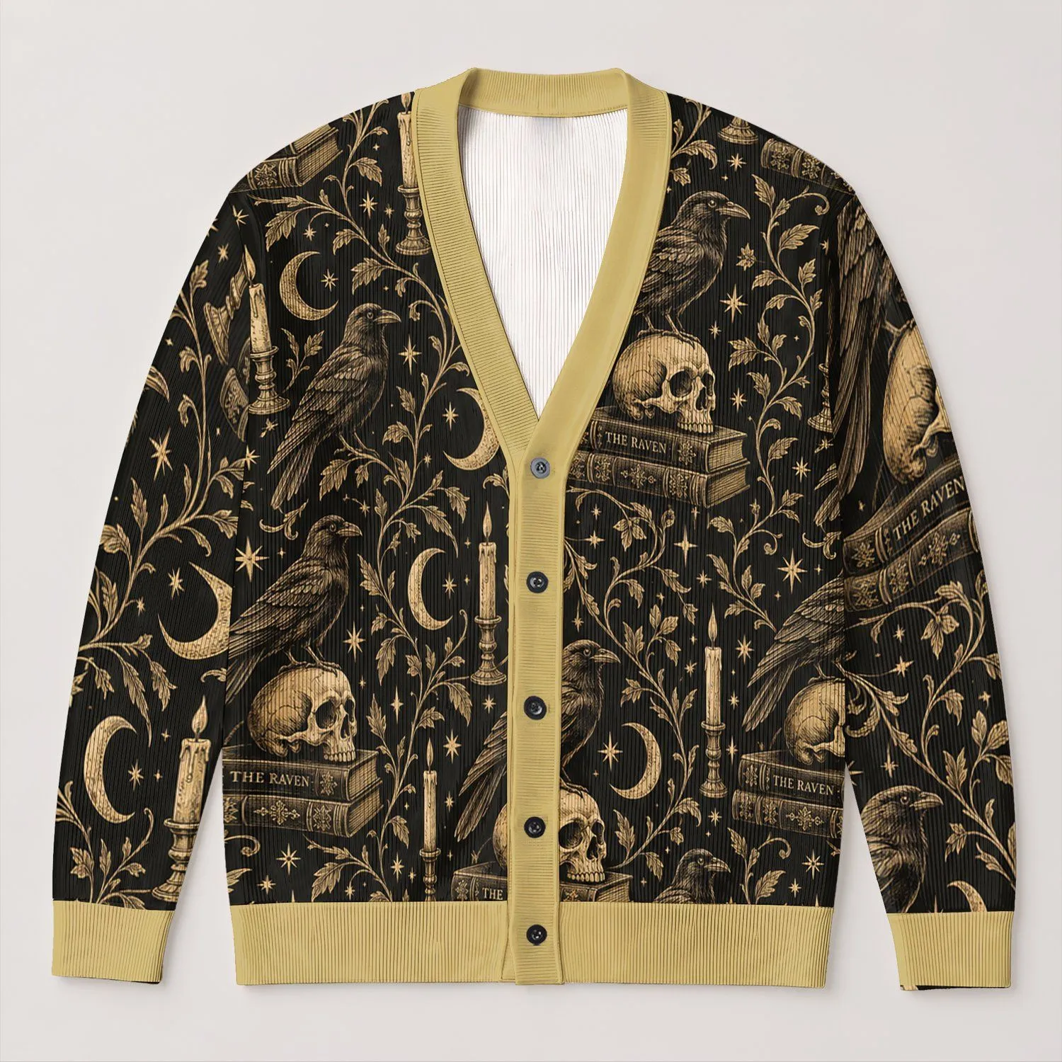 Raven Skull Moon and Candle Motifs for Dark Academia Nights and Autumn Reading Style All-over Print Knitted Cardigan - 1