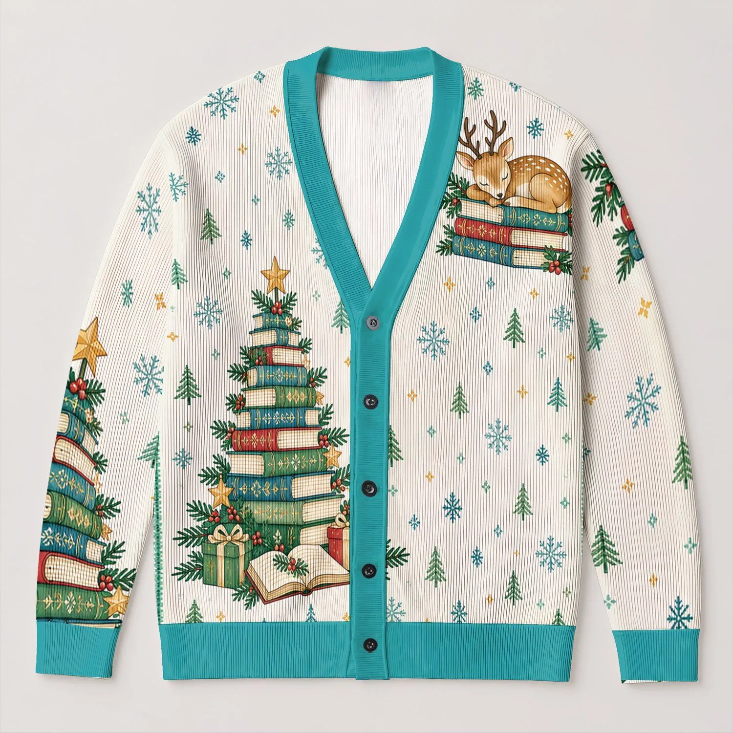 Book Tree And Sleeping Reindeer Holiday Style For Cozy Teen Layering All-over Print Knitted Cardigan - 1