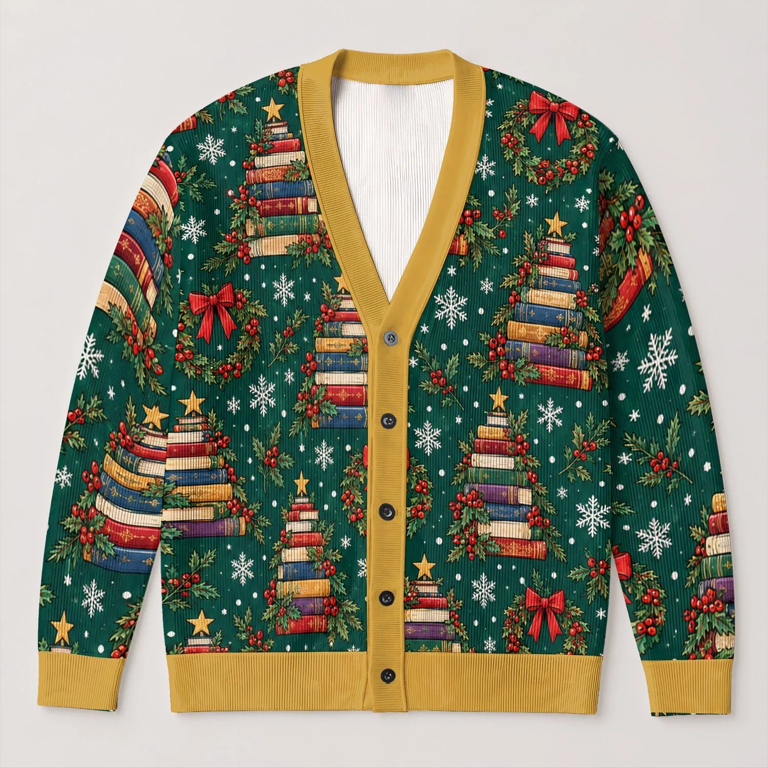 Book Stack Trees and Bow Wreaths for Cozy Holiday Reading Nights for Teen Book Lovers All-over Print Knitted Cardigan - 1
