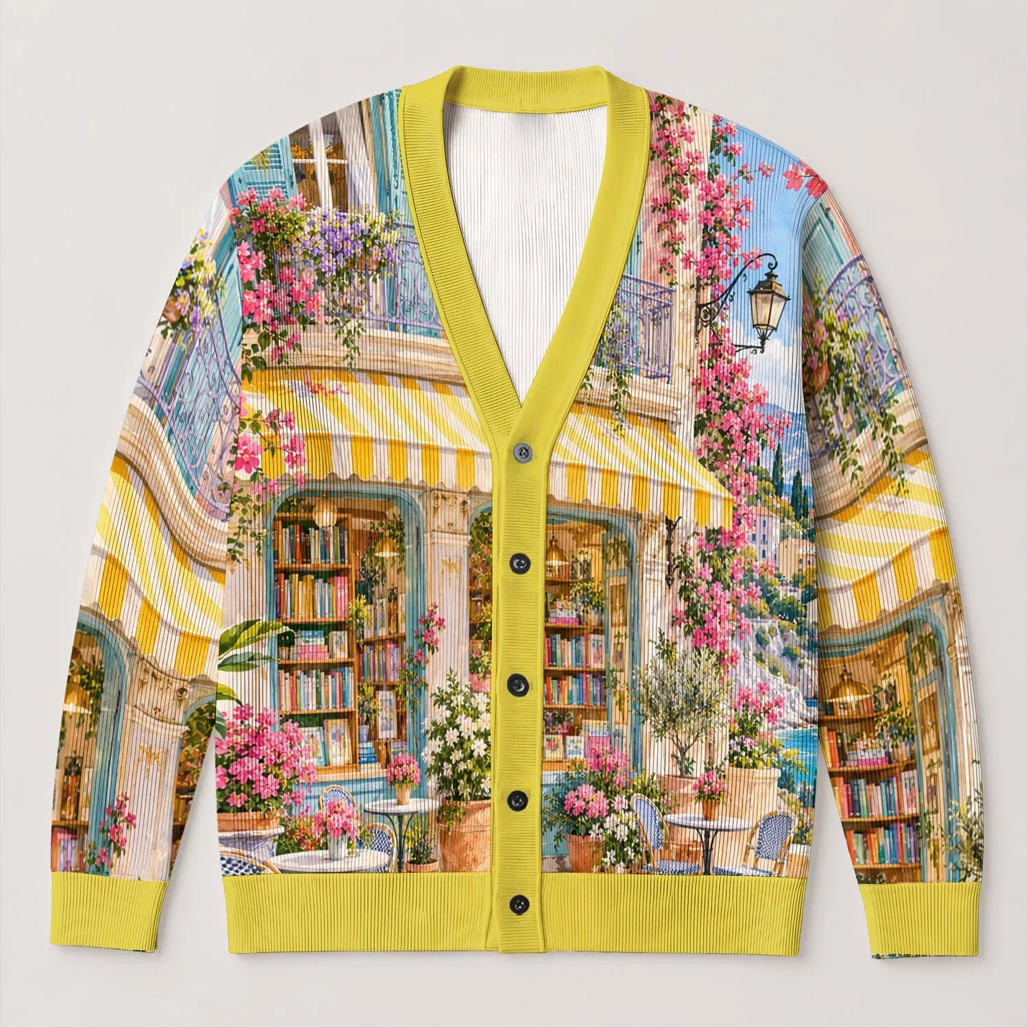 Riviera Bookshop Cafe With Cherry Blossoms For Sunny Coastal Days All-over Print Knitted Cardigan - 1