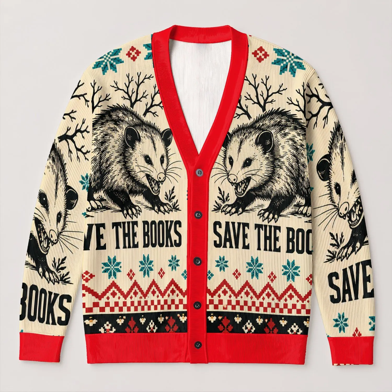 Opossum Save The Books Scene For Library Lovers And Everyday Reading Enthusiasts All-over Print Knitted Cardigan - 1