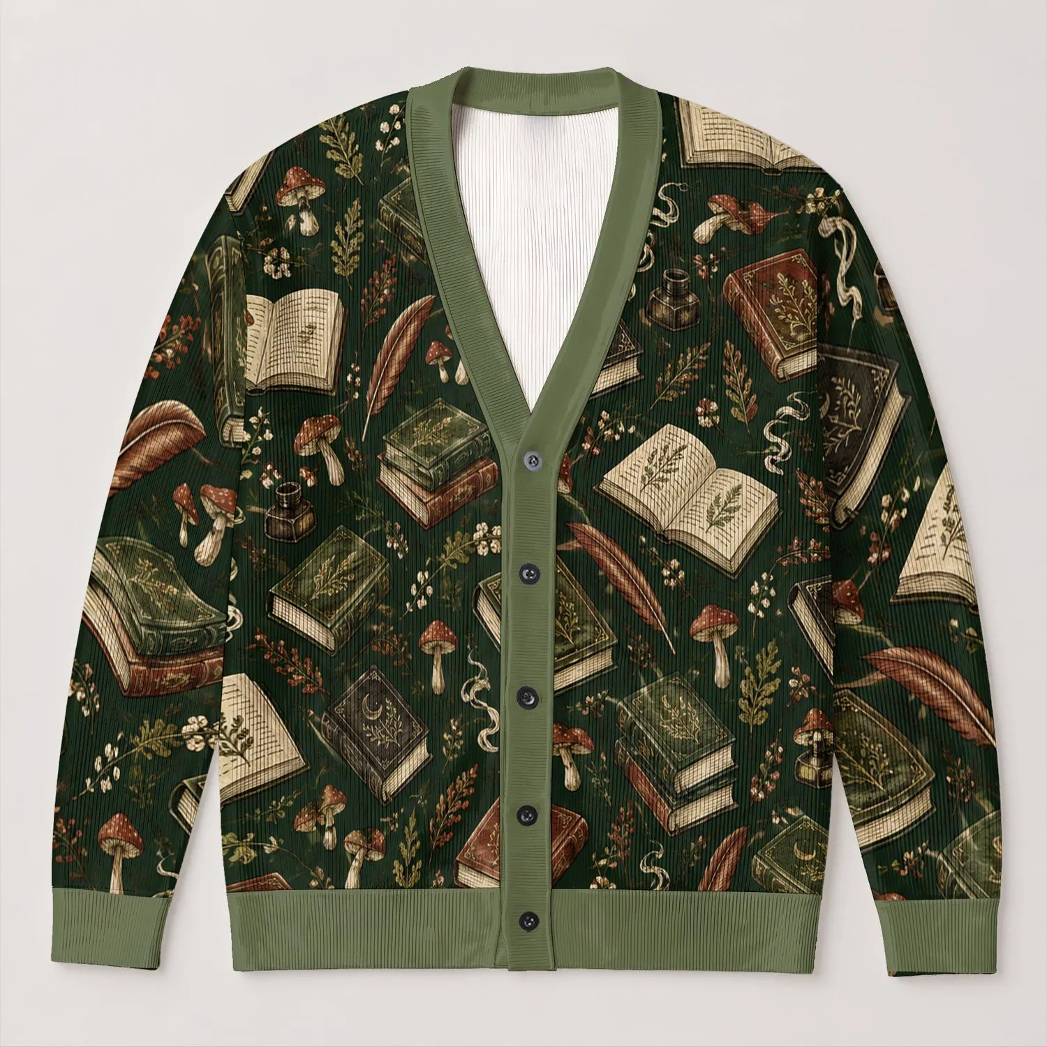 Antique Books and Mushrooms for Halloween Dark Academia Study Style All-over Print Knitted Cardigan - 1
