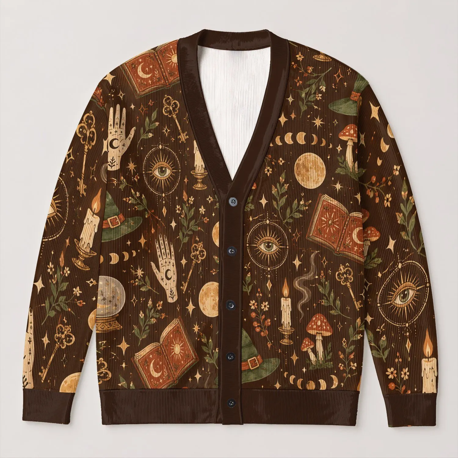 Witchy Celestial Occult Symbols for Halloween Nights and Cozy Autumn Outfits All-over Print Knitted Cardigan - 1