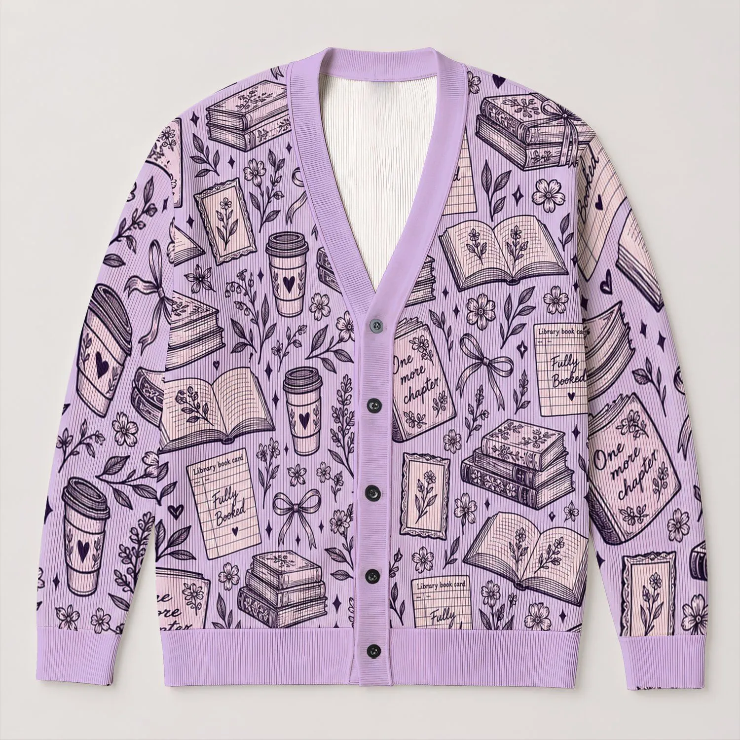 Book Coffee Doodle Motifs for Cozy Reading Days and Book Club Gatherings for Readers All-over Print Knitted Cardigan - 1