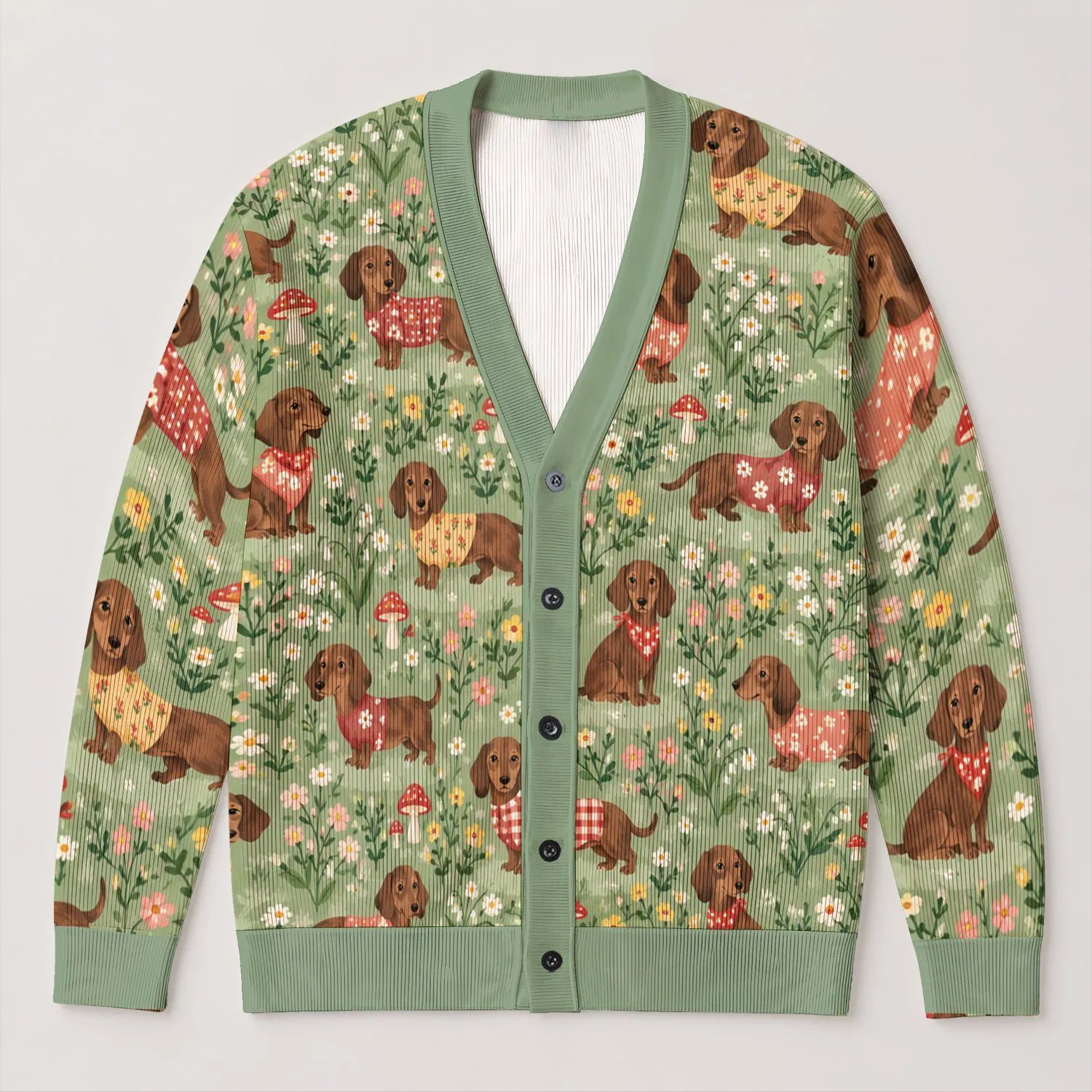 Dachshunds in Wildflower Meadow for Cozy Autumn Days and Dog Lovers All-over Print Knitted Cardigan - 1