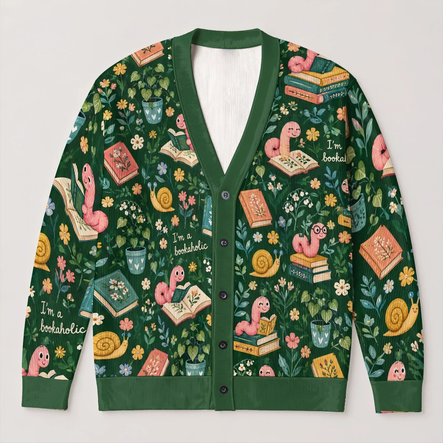 Bookworm Garden Motifs for Cozy Autumn Reading Days and Teen Readers All-over Print Knitted Cardigan - 1