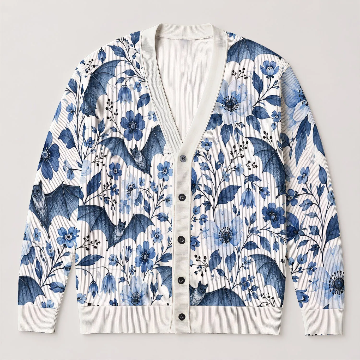 Watercolor Blue Bat And Floral Motifs For Casual Everyday Fall Layering Teen Style All-over Print Knitted Cardigan - 1